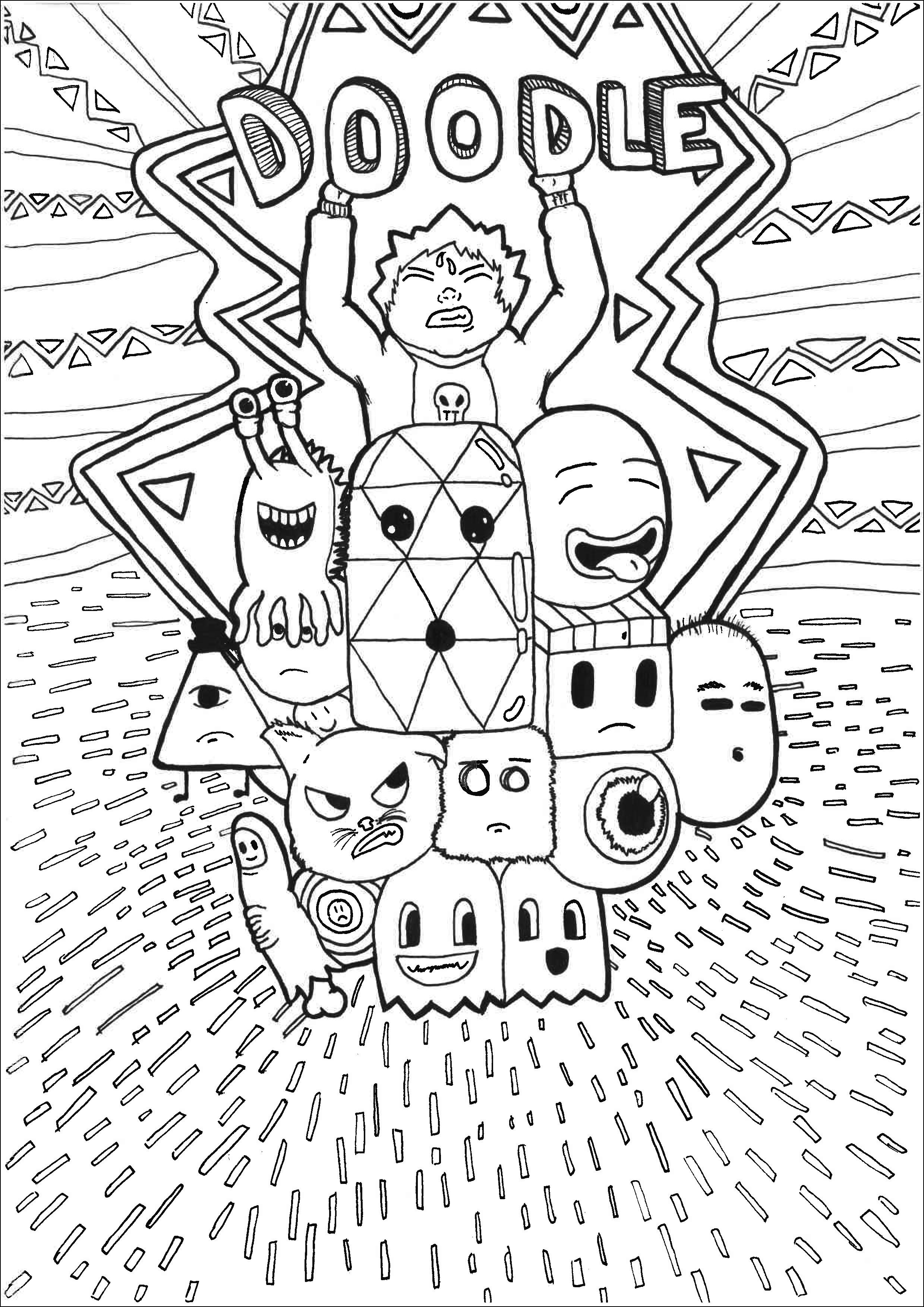Doodle art representing a lot of imaginary characters and kawaii creatures, Artist : Allan