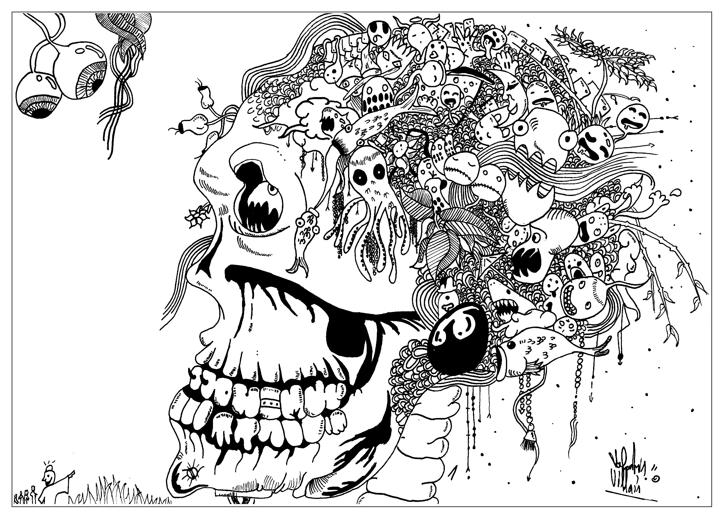Different weird and evil creatures coming out of a skull ... a scary Doodle !, Artist : Valentin