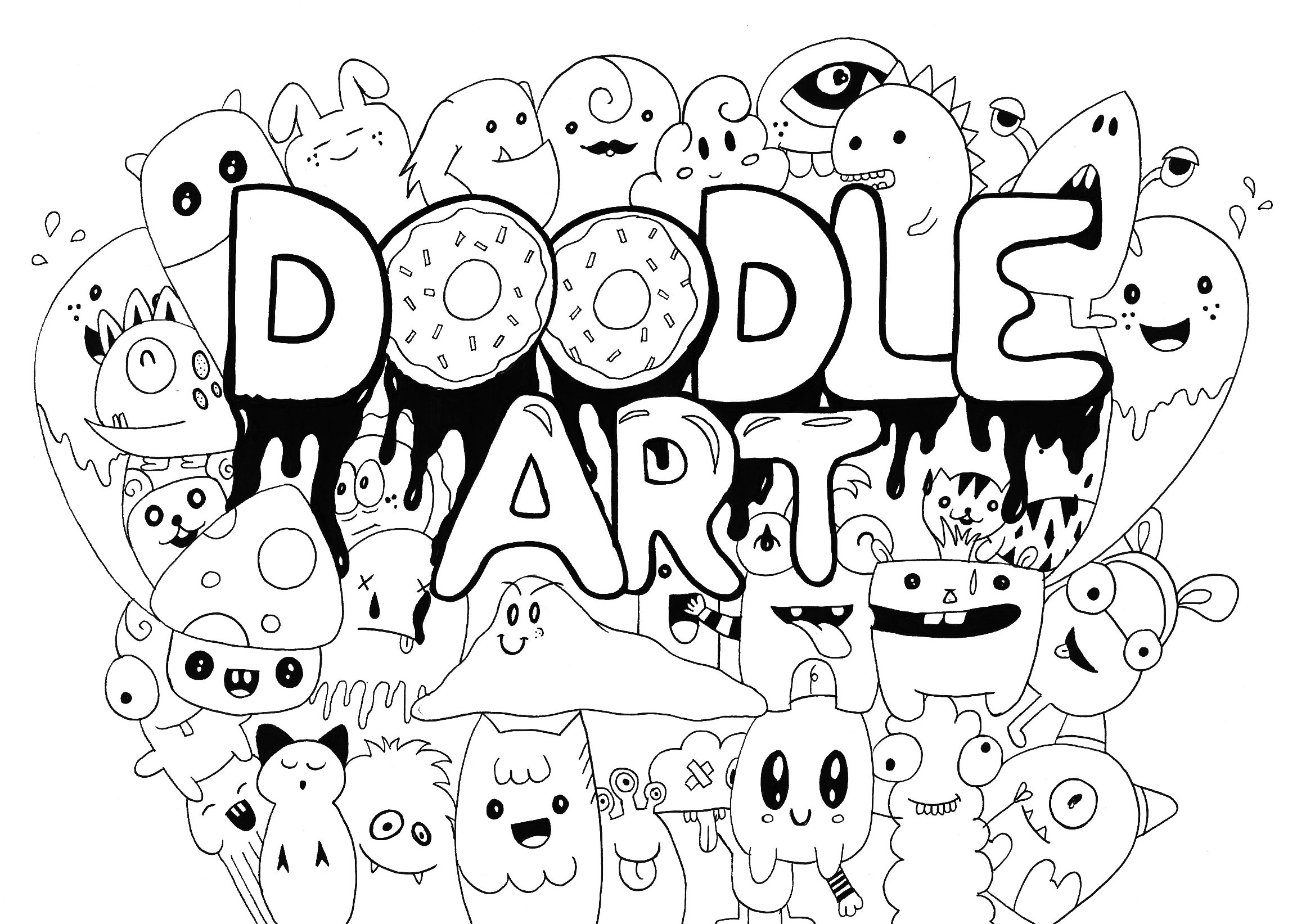 Kawaii characters, gathered in a coloring page entitled 'Doodle Art', Artist : Rachel