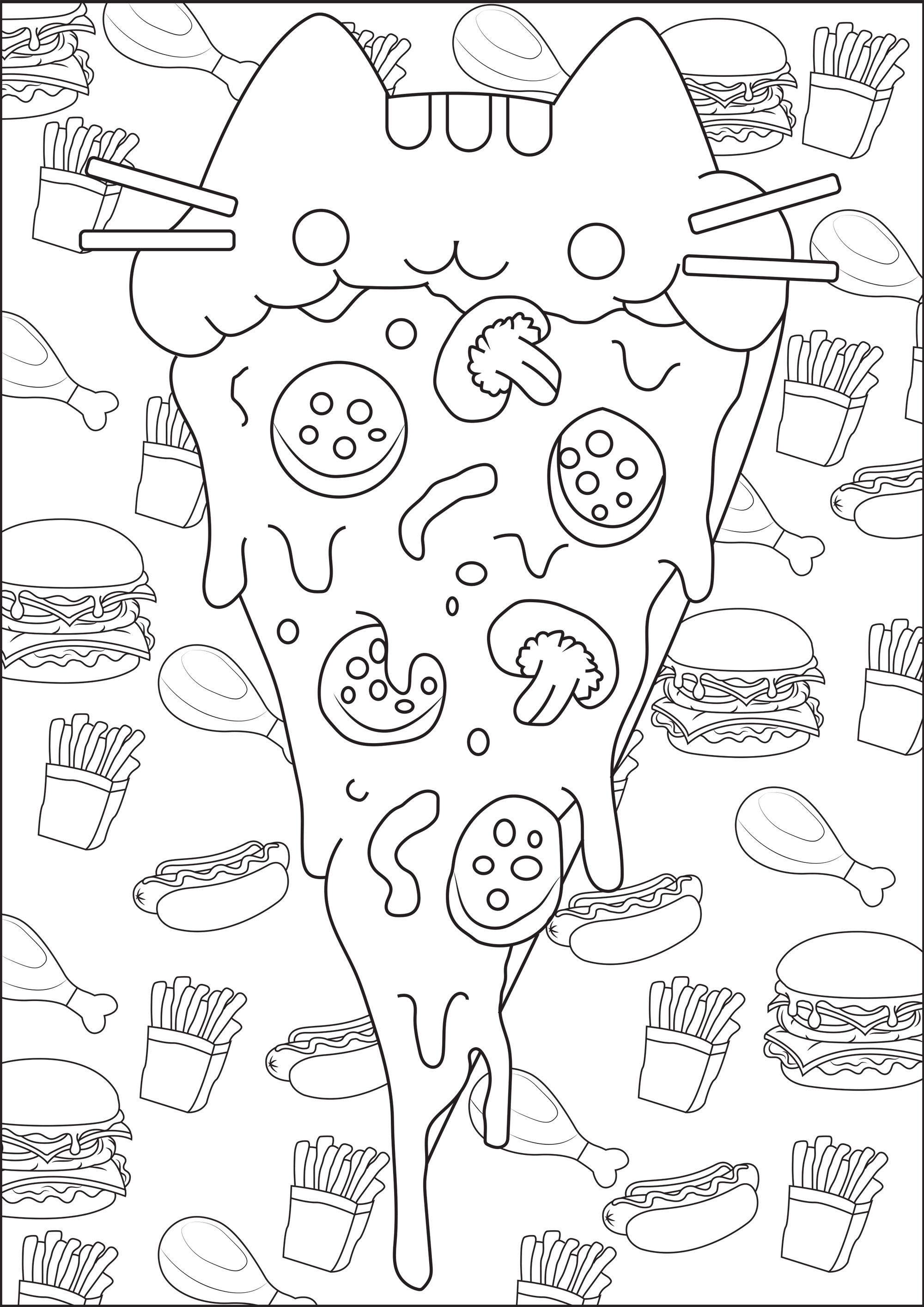 Color this Pusheen pizza, with a background full of junk food stuffs, Artist : Caillou