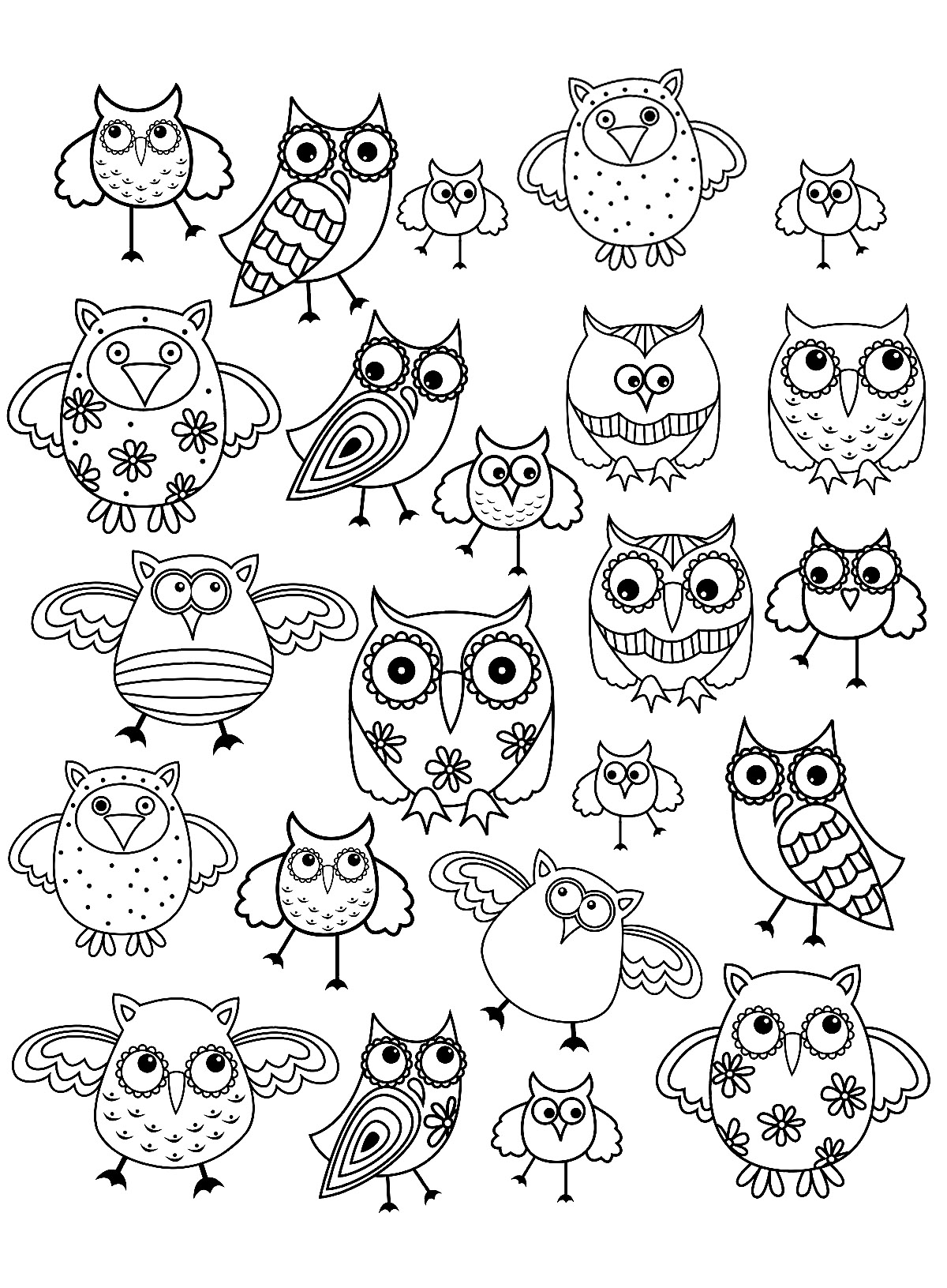 Owls composing a simple Doodle drawing, to print and color