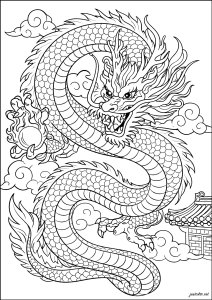 Mythical dragon flying over the temple