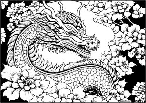 Coloring dragon and flowers