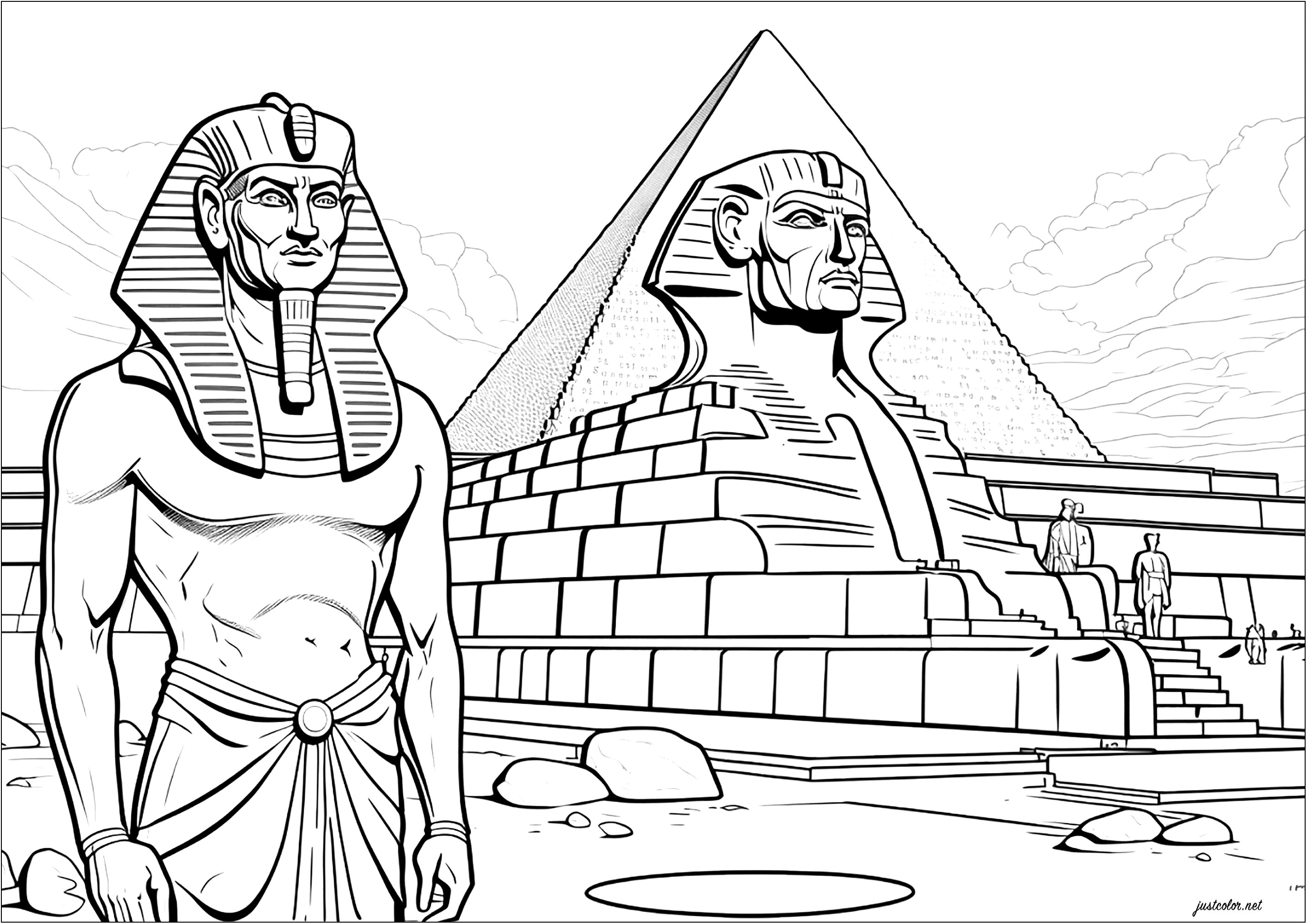 Pharaoh in front of his sphynx and pyramid. This coloring page depicts a pharaoh standing before a sphynx representing him and a great pyramid. It's a magnificent representation of ancient Egypt and its grandeur.