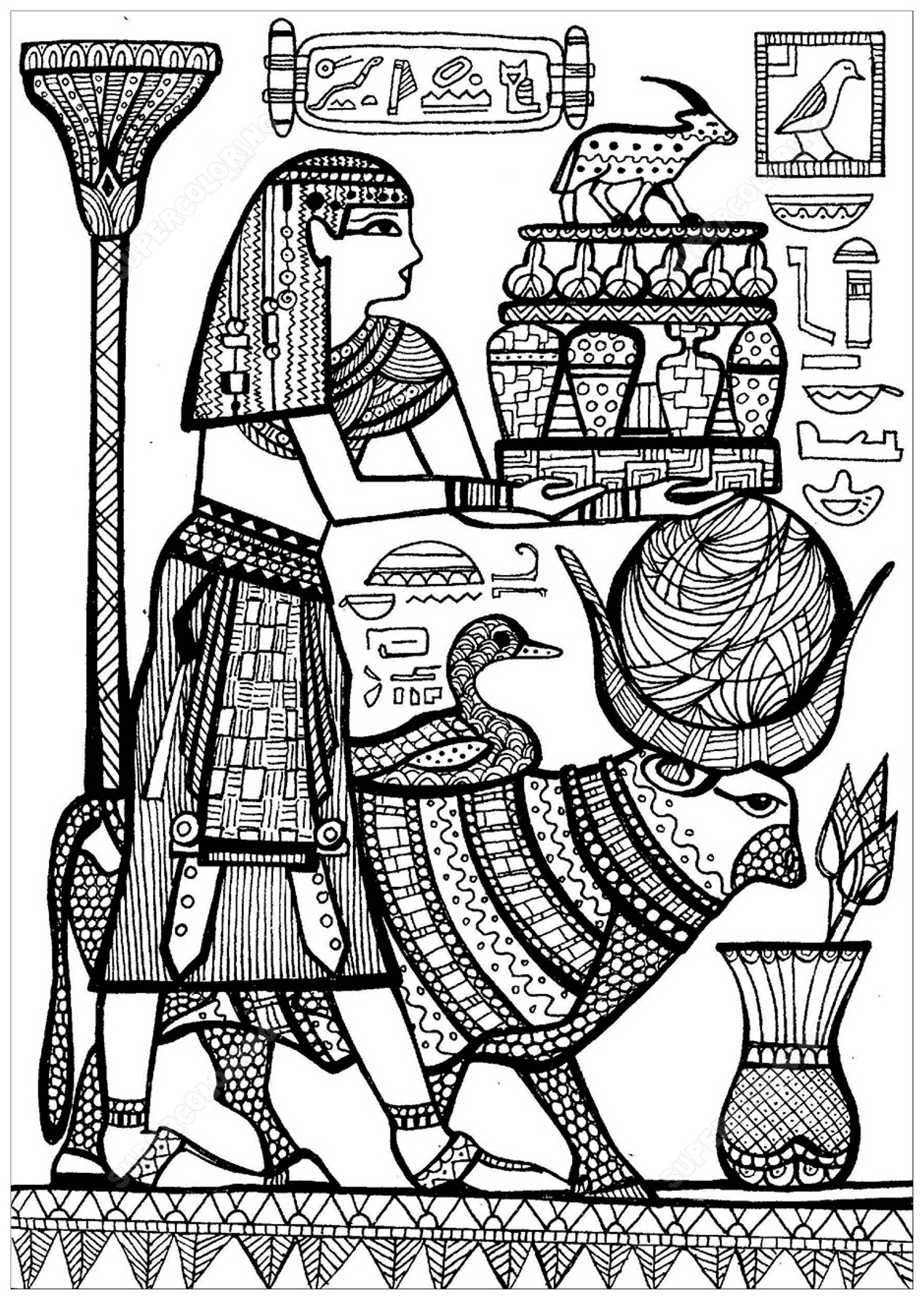 Priest and sacred animals of ancient egypt - Egypt Adult Coloring Pages