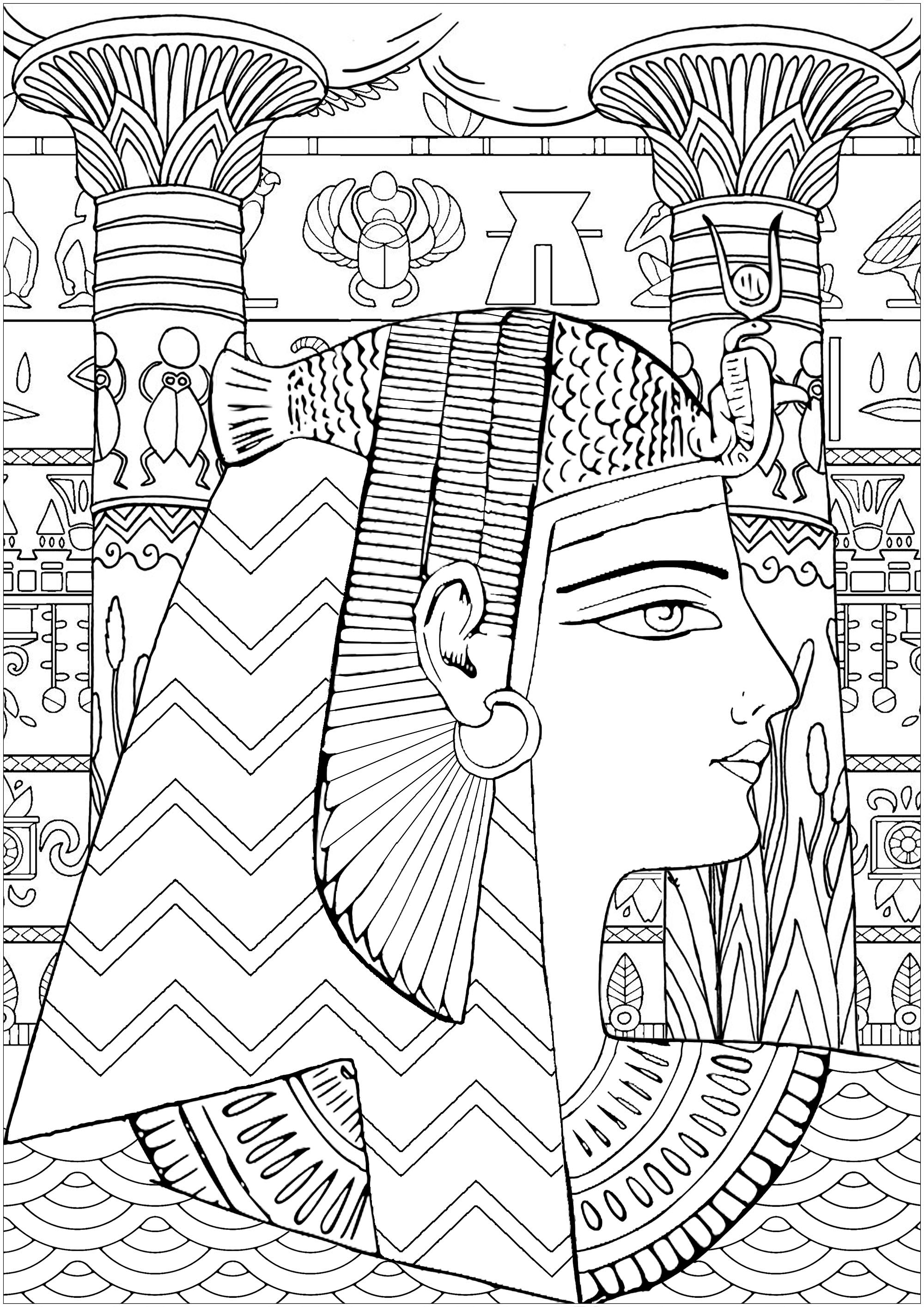 Color this beautiful Queen of Egypt with typical patterns, temple pillars and hieroglyphs in background - Difficult version, Artist : Art. Isabelle