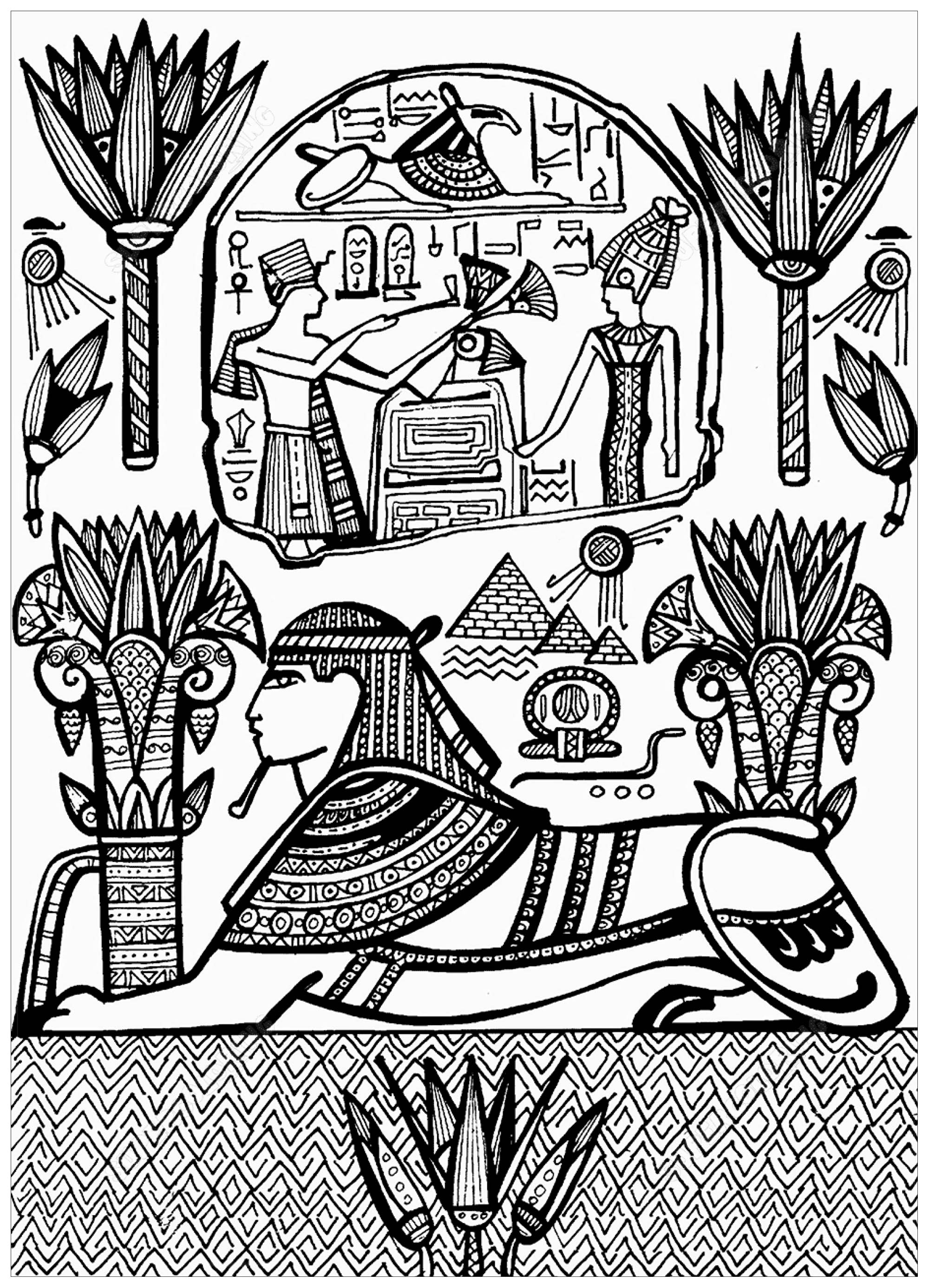 Drawing representing Sphynx with Hieroglyphs, inspired by a fresco dating from Ancient Egypt, Artist : Krivosheeva Olga (Ori Akuma)   Source : Supercoloring