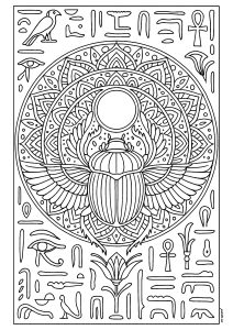 Scarab integrated into a Mandala with Egyptian hieroglyphs