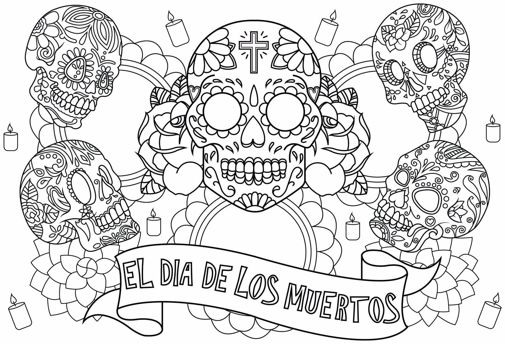 Coloring page to celebrate El Día de los muertos, with five skulls, Artist : Lucie