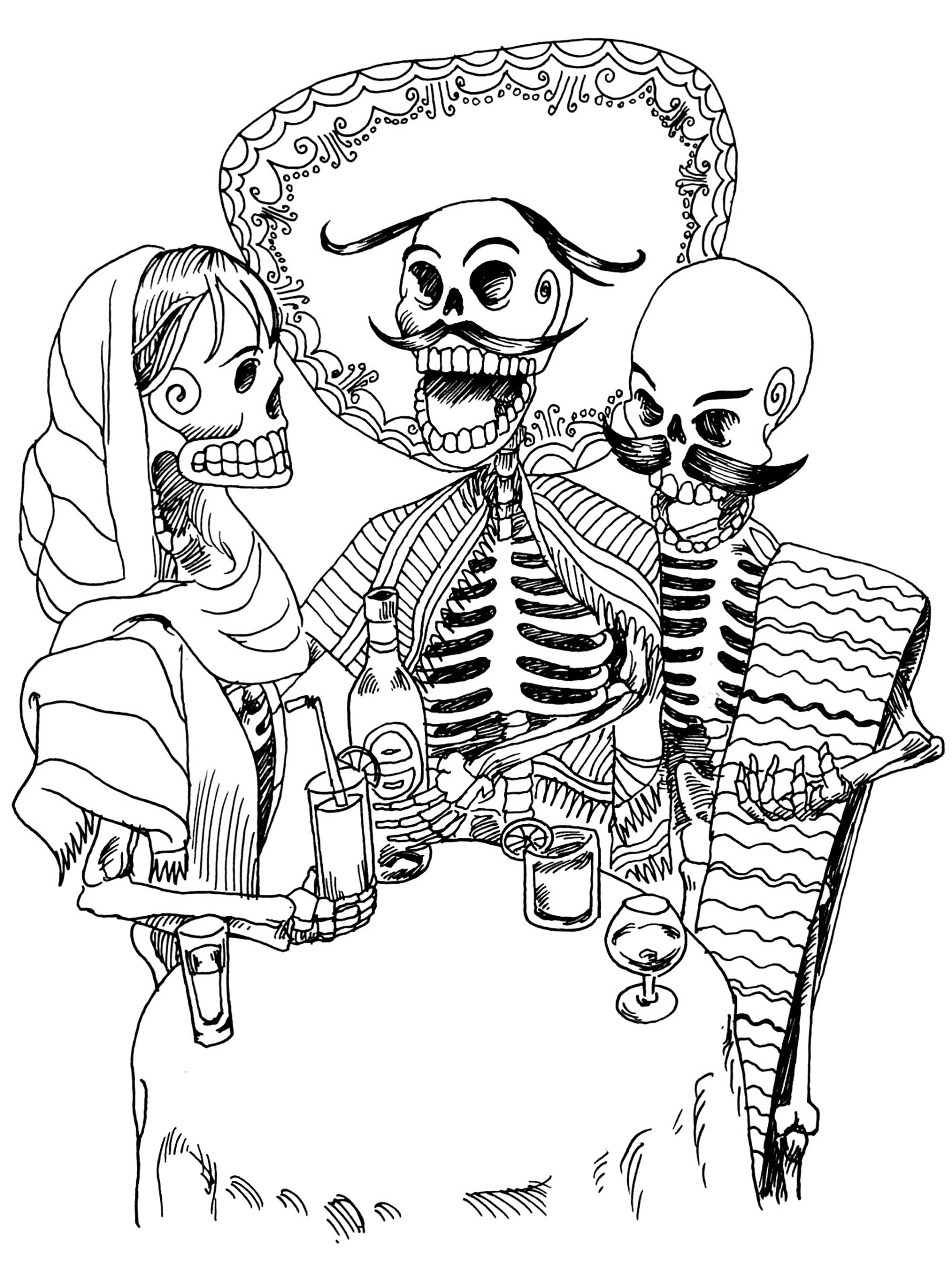 El dia de los muertos skeletons El Día de los MuertosColoring