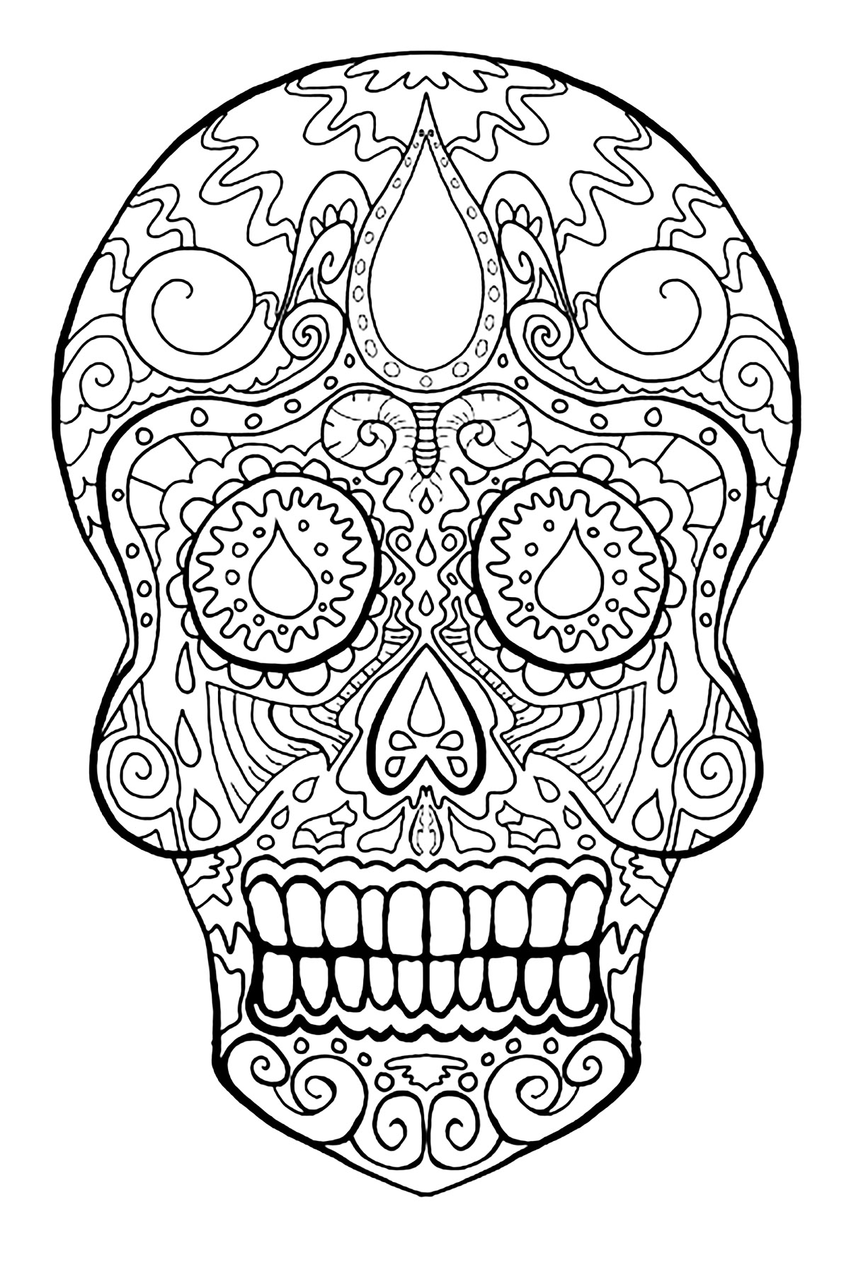 Skull representative of the Mexican holiday 'Dia de los Muertos'. This coloring page is inspired by the Mexican festival Dias de los Muertos. It represents a skull, essential symbol of this celebration.It is composed of motifs reflecting the joy and gaiety of this holiday, Artist : Art. Isabelle