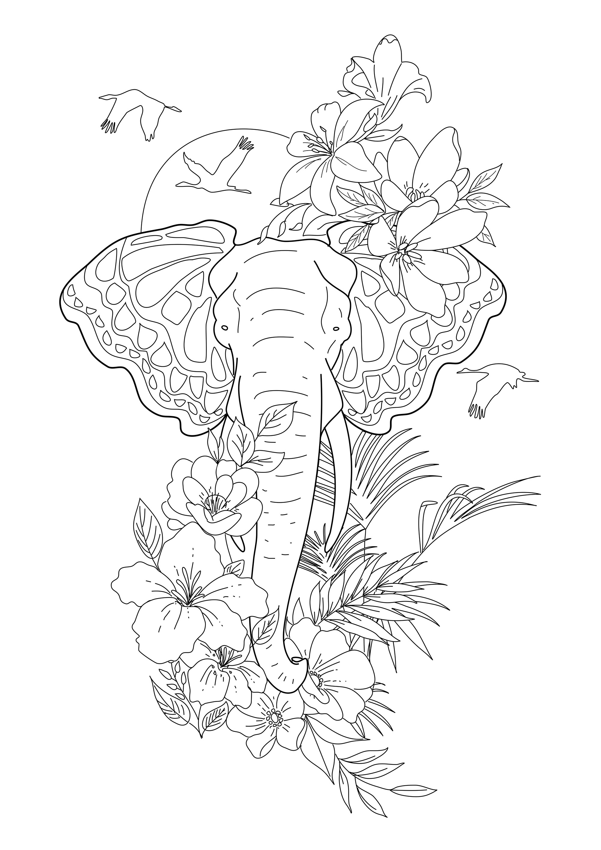 Elephant, flowers and birds. The pachyderm's ears represent butterfly wings! Excerpt from 'Realistic Tattoos Coloring Book' by Roberto 'Gi. Erre' Gemori  More information: coloringbook.pictures/index.html  Author's website: Tattootribes.com, Artist : Roberto Gemori