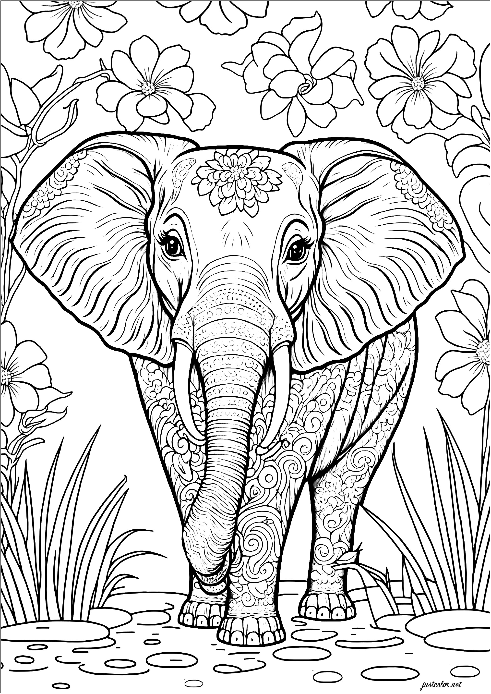 Cute elephant coloring page with various coloring motifs. The elephant's body is decorated with spirals, stripes and dots, and its ears are filled with geometric shapes and other patterns. Color the pretty flowers and vegetation in the background, too.