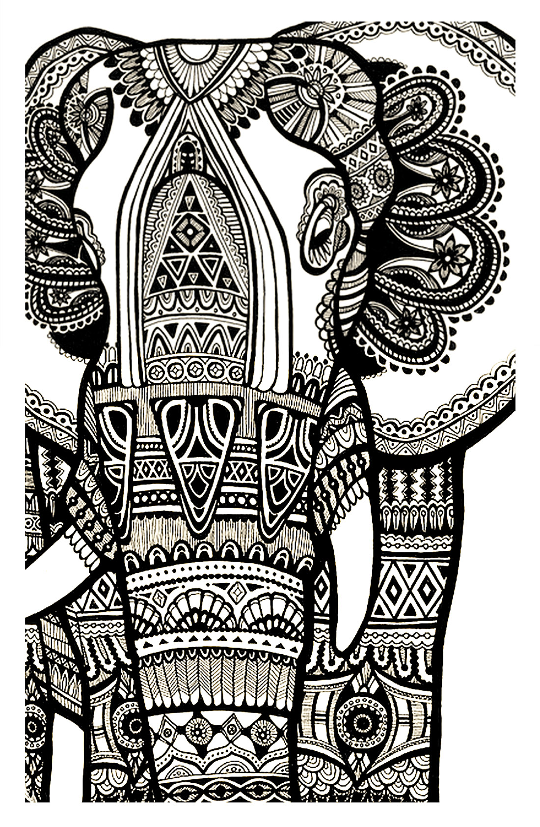 A magnificien elephant drawn with zentangle patterns
