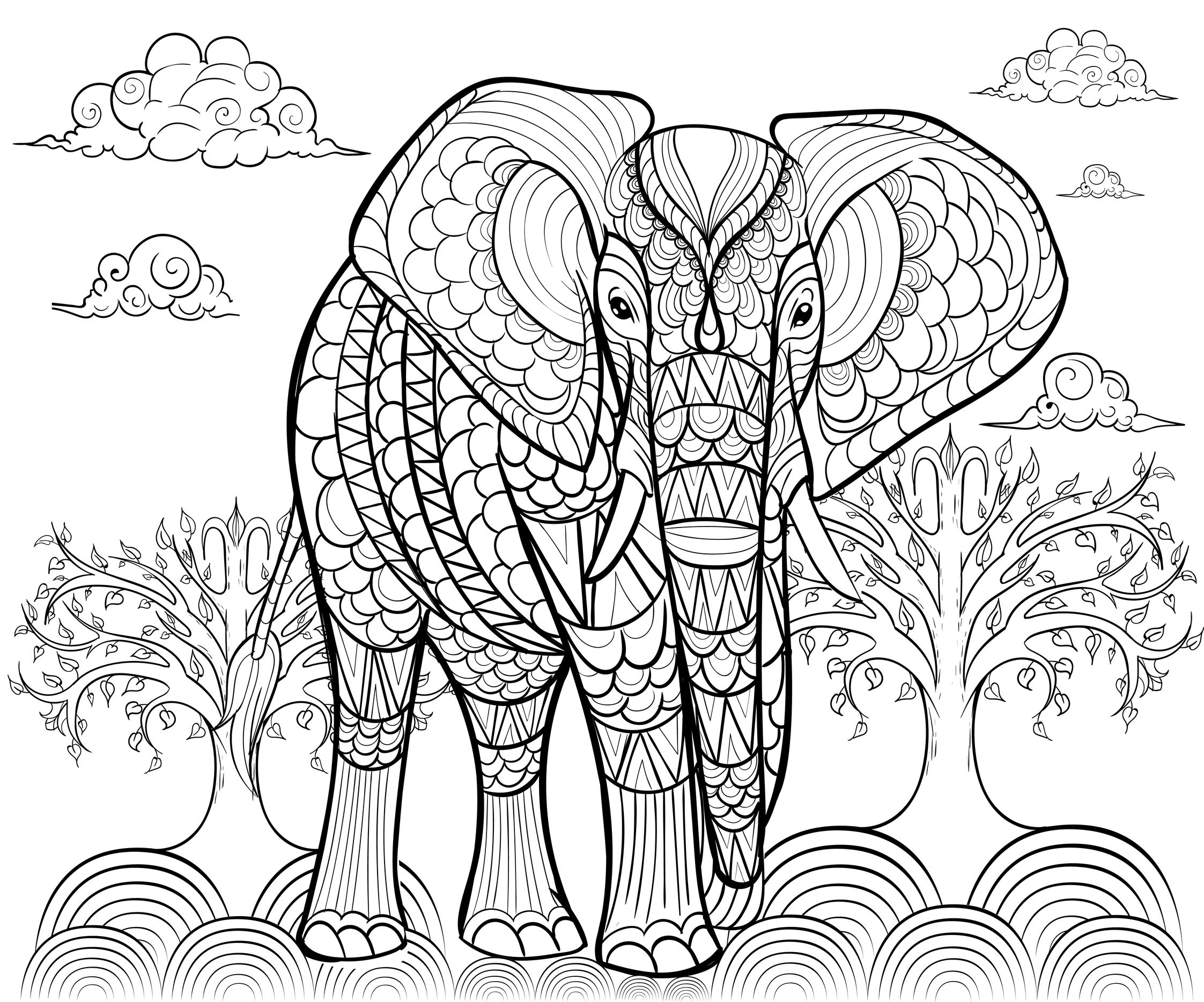 hand drawn ink pattern of giant elephant