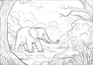 Coloring young elephant walking isa