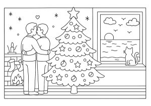 Couple embracing by the Christmas tree