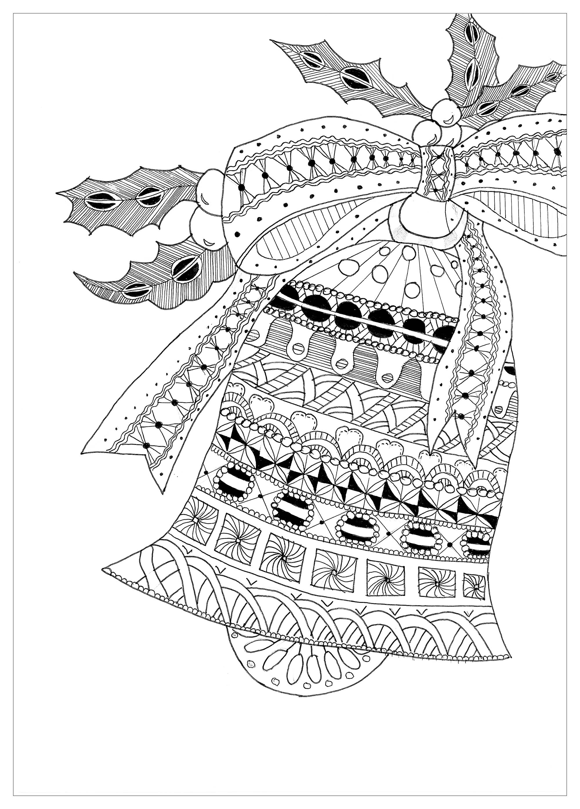 Coloring page of a Christmas bell with zentangle patterns, Artist : Krissy
