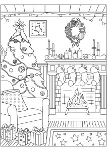 Printable Gift Coloring Page for adults : Christmas by the fireplace