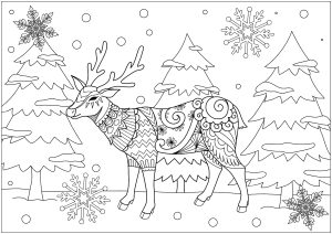 Printable Snow Coloring Page for adults : Christmas reindeer with pretty motifs