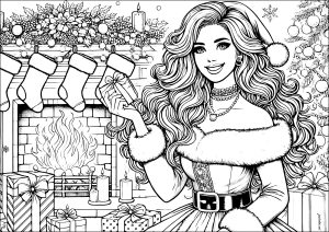 Printable Sock Coloring Page for adults : Woman dressed as Mrs. Claus, with gifts