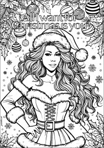 Printable Christmas Decorations Coloring Page for adults : Mariah Carey as Mrs. Claus