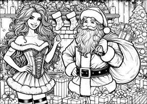 Printable Sock Coloring Page for adults : Santa and a beautiful woman dressed like him