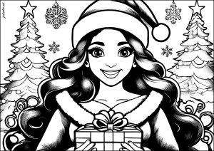 Printable Gift Coloring Page for adults : Young woman dressed as Mother Christmas with a present