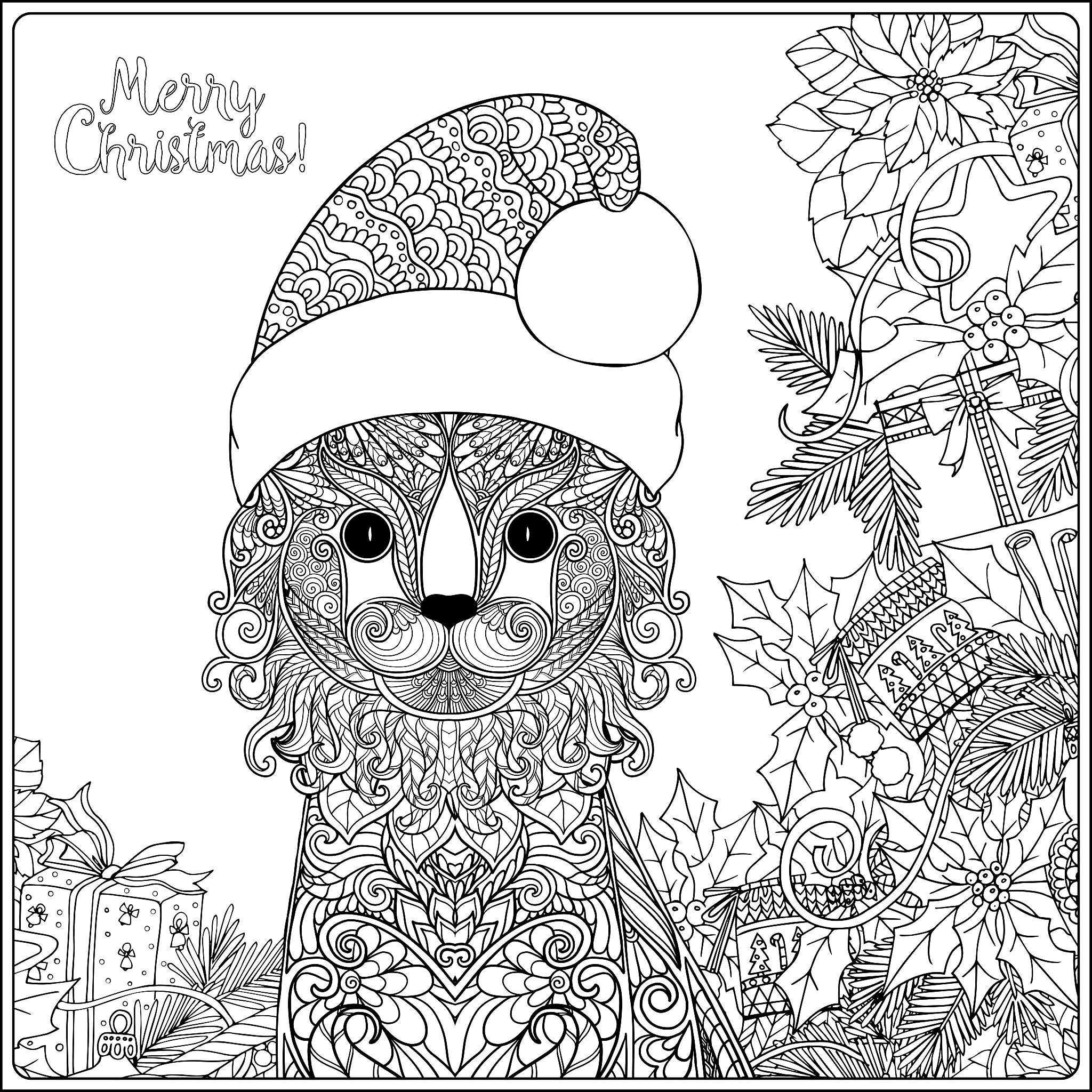 A squared coloring page with a cute Christmas cat, full of elegant paterns. The text 'Merry Christmas' can be colored, and also all the leaves, gifts and ornaments, Source : 123rf   Artist : Elena Besedina