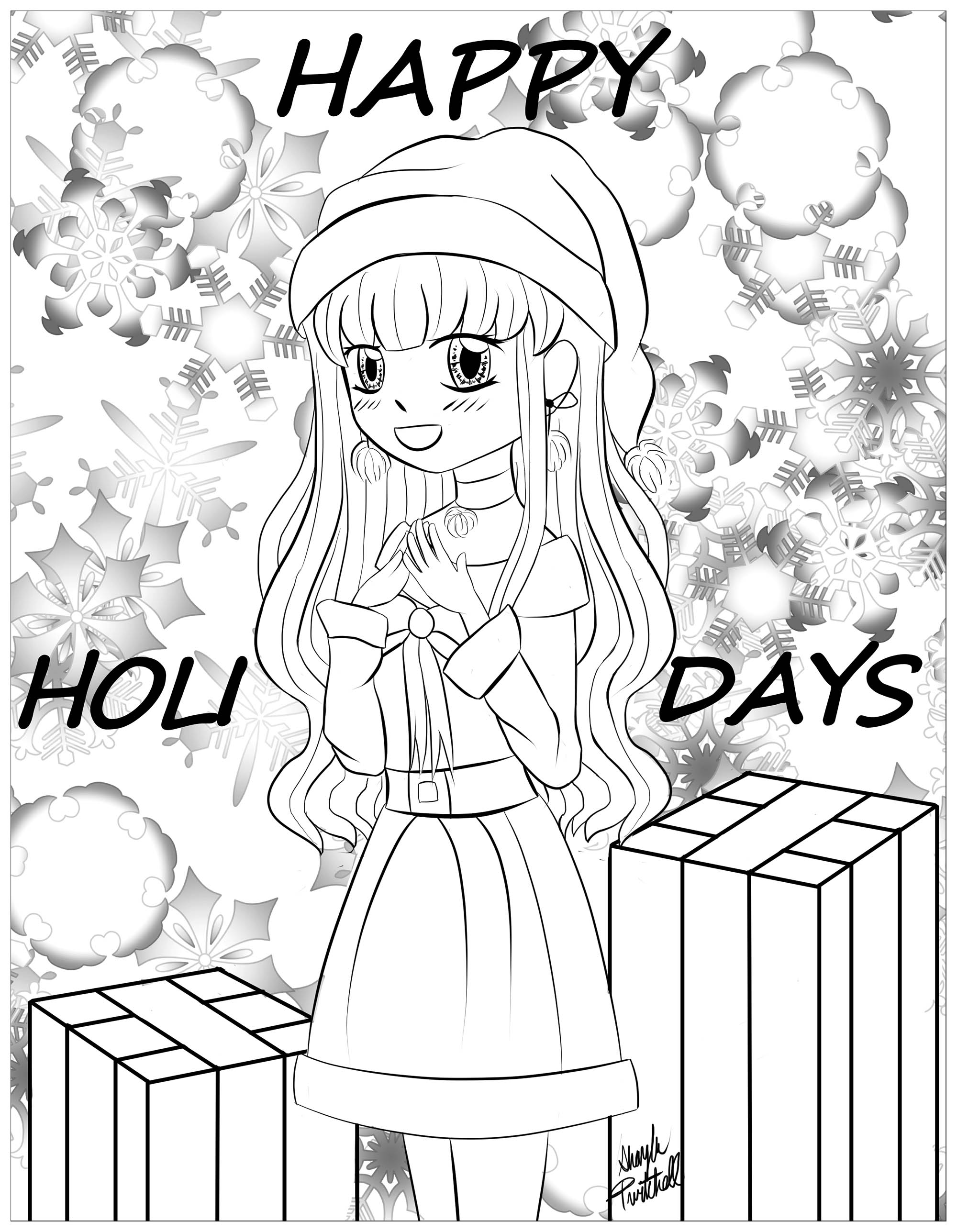 Christmas girl, Manga style coloring page, Artist : Shayla Twitchell