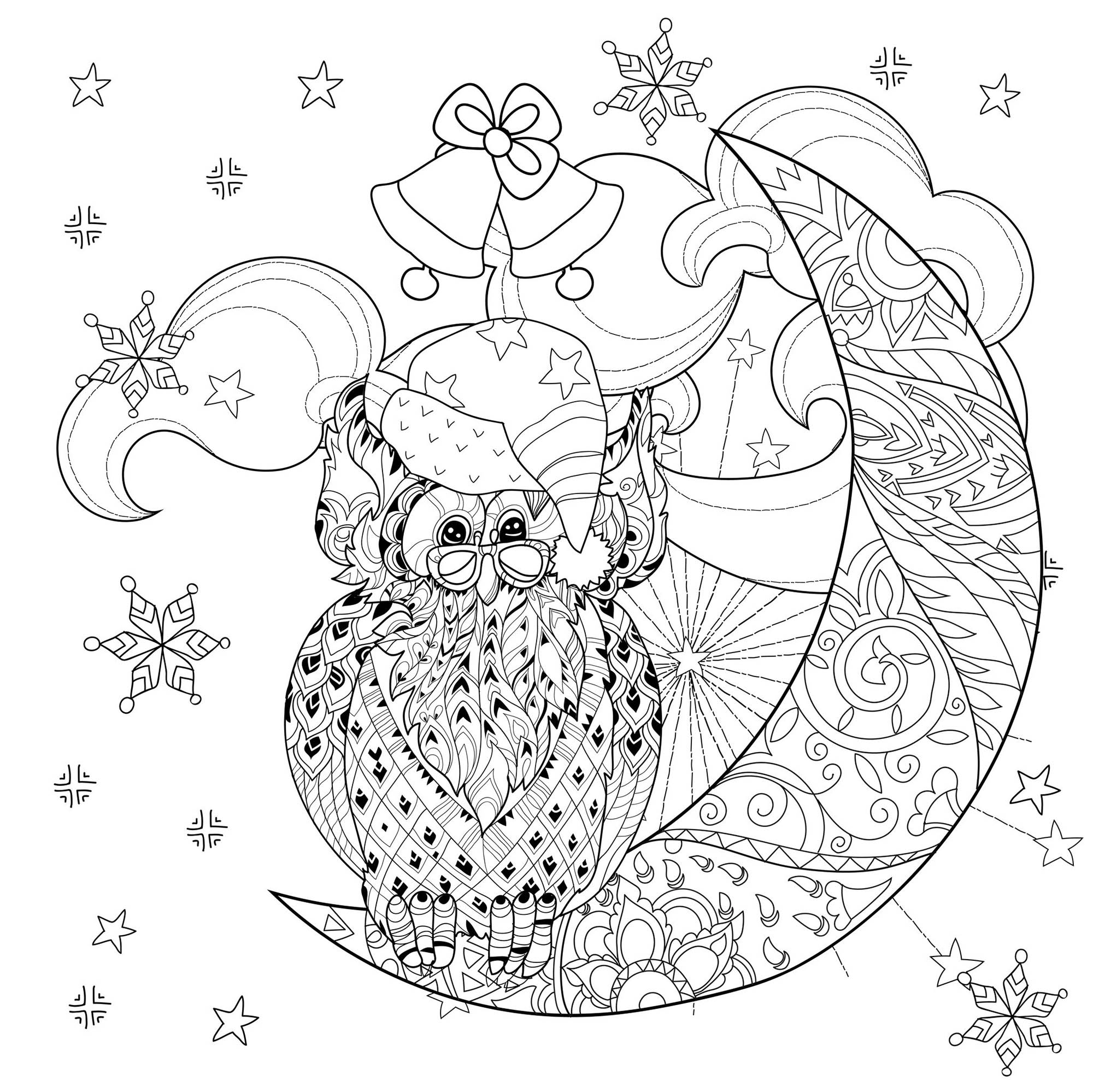 Color this Cartoon Owl with glasses and Santa Claus hat, sitting on a half moon, with beautiful winter clouds and stars, Source : 123rf   Artist : Ирина Язева