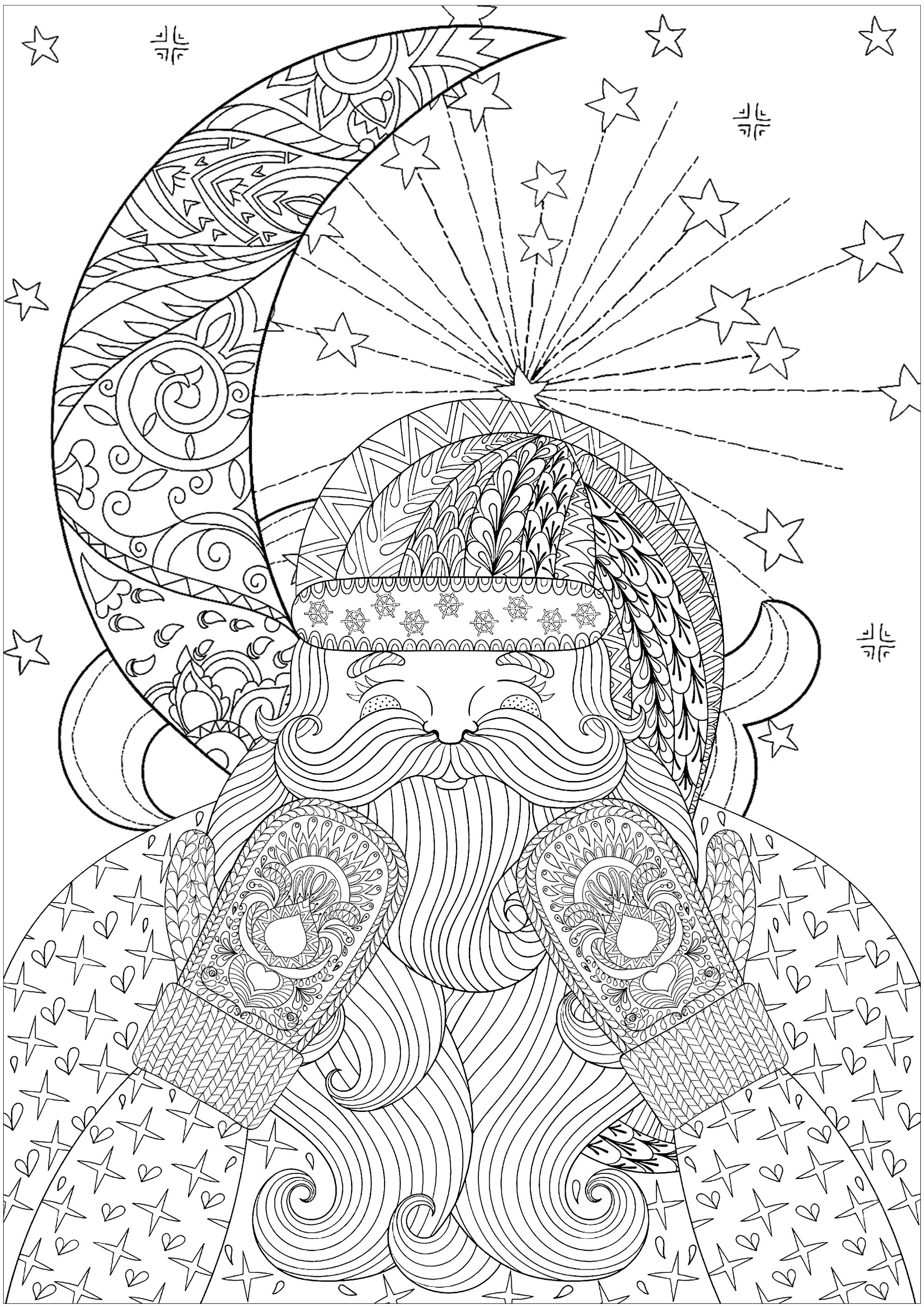 Download Christmas santa claus with gloves and moon - Christmas Adult Coloring Pages