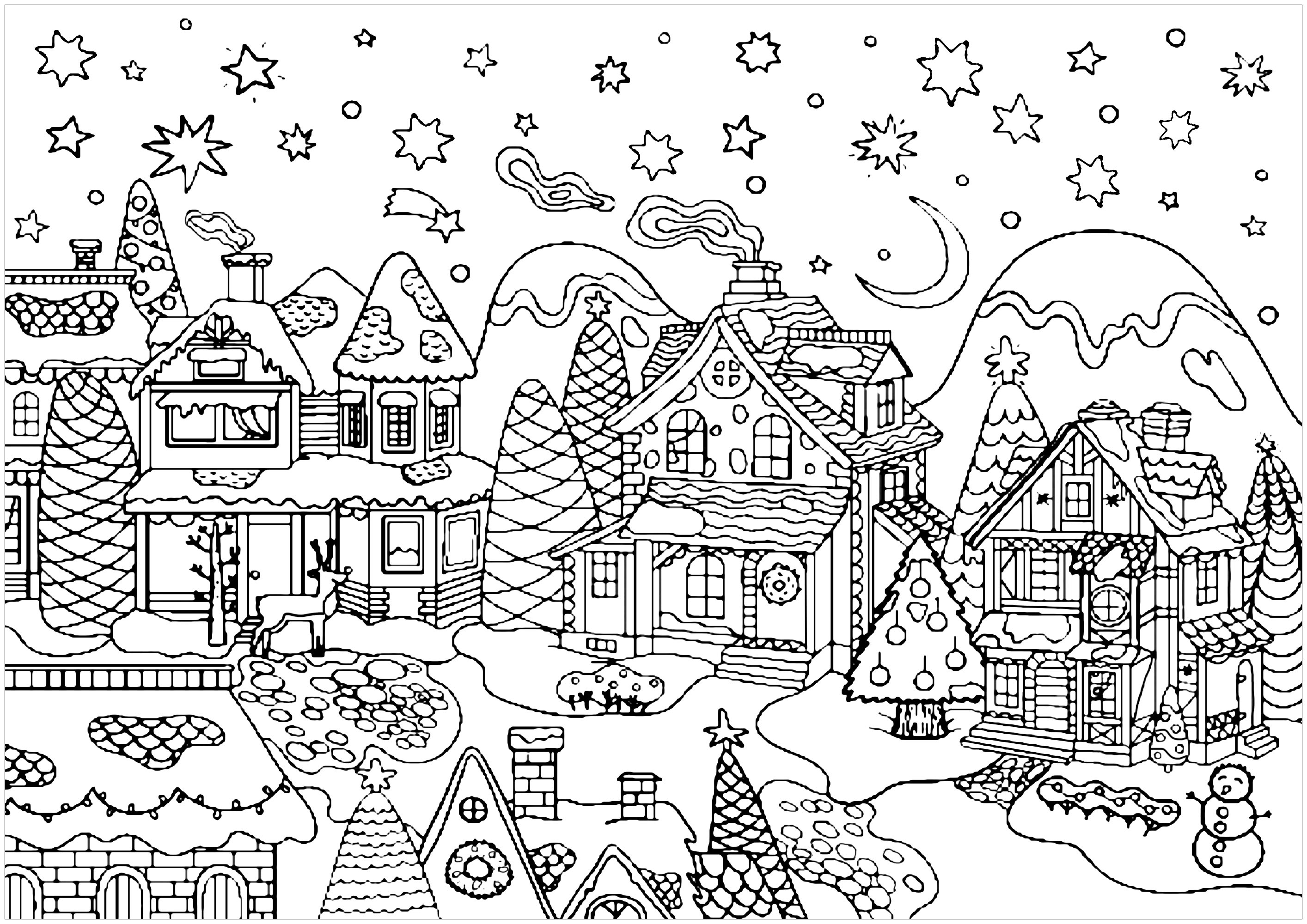 Color all the beautiful houses of this cute snowy village ready to celebrate Christmas