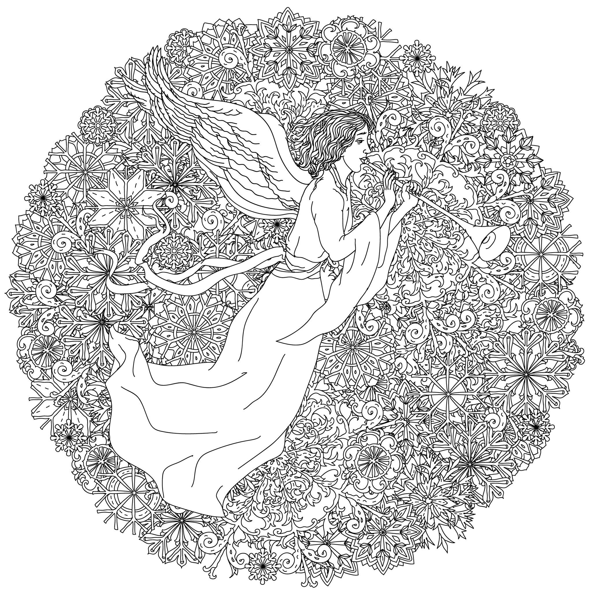 Color this incredible circular drawing with an angel surrounded by plenty of snowflakes, Source : 123rf   Artist : Mashabr