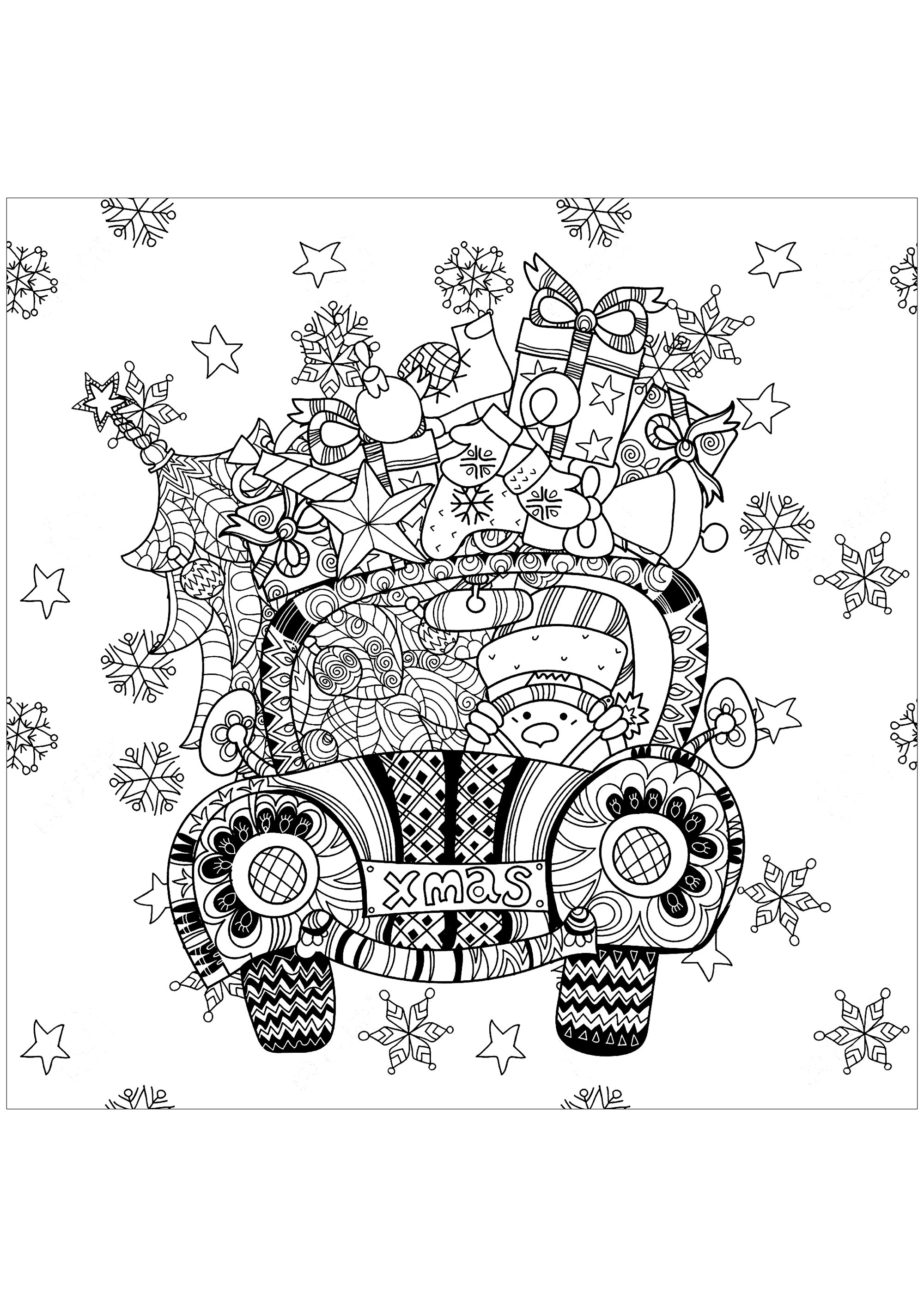 Add color to the gifts that fill this little car driven by a snowman. This coloring page is the perfect way to get into the Christmas spirit. It's fun and inspiring, and you can personalize it to your heart's content.So grab your crayons and have fun!, Source : 123rf   Artist : Ирина Язева