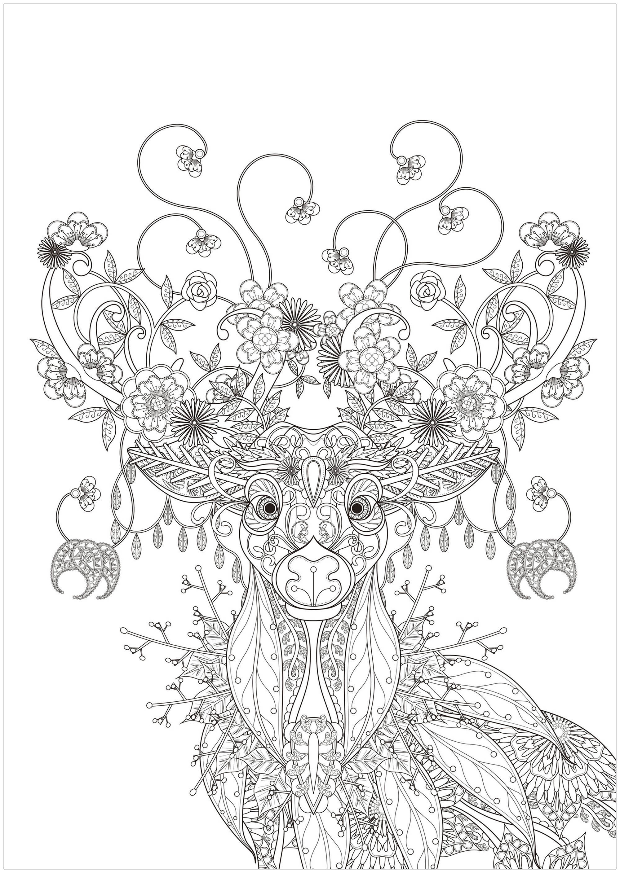 Deer with Flower patterns - Christmas Adult Coloring Pages