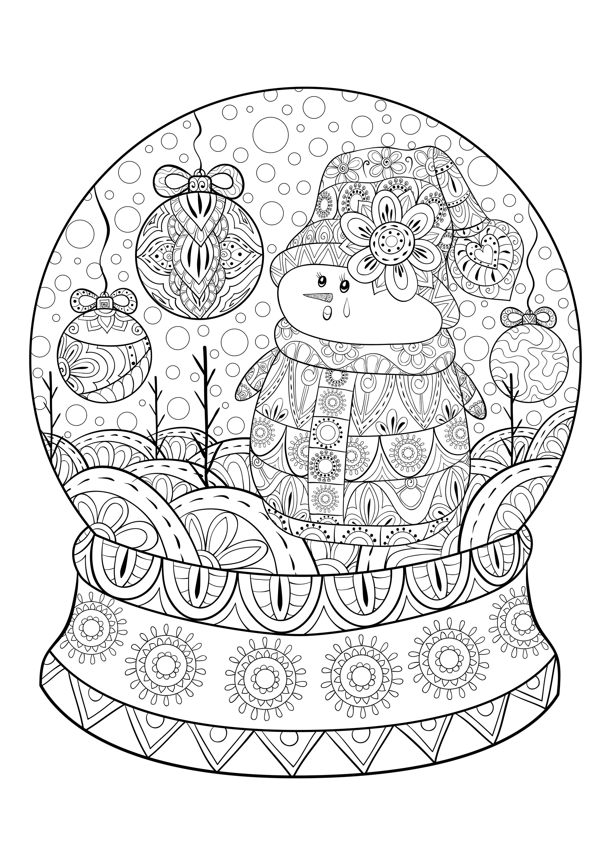 Snowman In A Snow Globe Christmas Coloring Pages For Adults