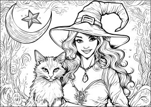 Witch with her cat in the moonlight