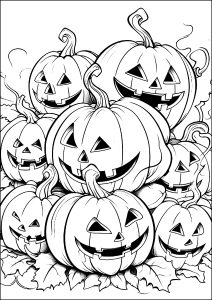 Printable Pumpkin Coloring Page for adults : A pile of Halloween Jack-o'-lanterns