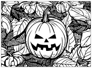 Printable Coloring Page for adults : Jack o' lantern pumpkin on leaf-filled background