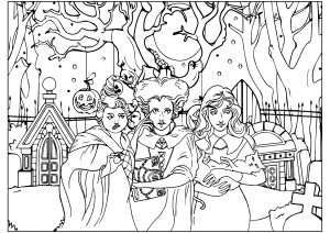 Printable Halloween Coloring Page for adult : Winnie, Sarah and Mary in a gloomy place