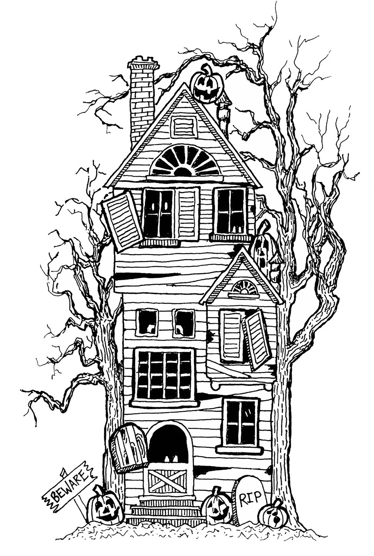 683 Cartoon Halloween House Coloring Page with Animal character
