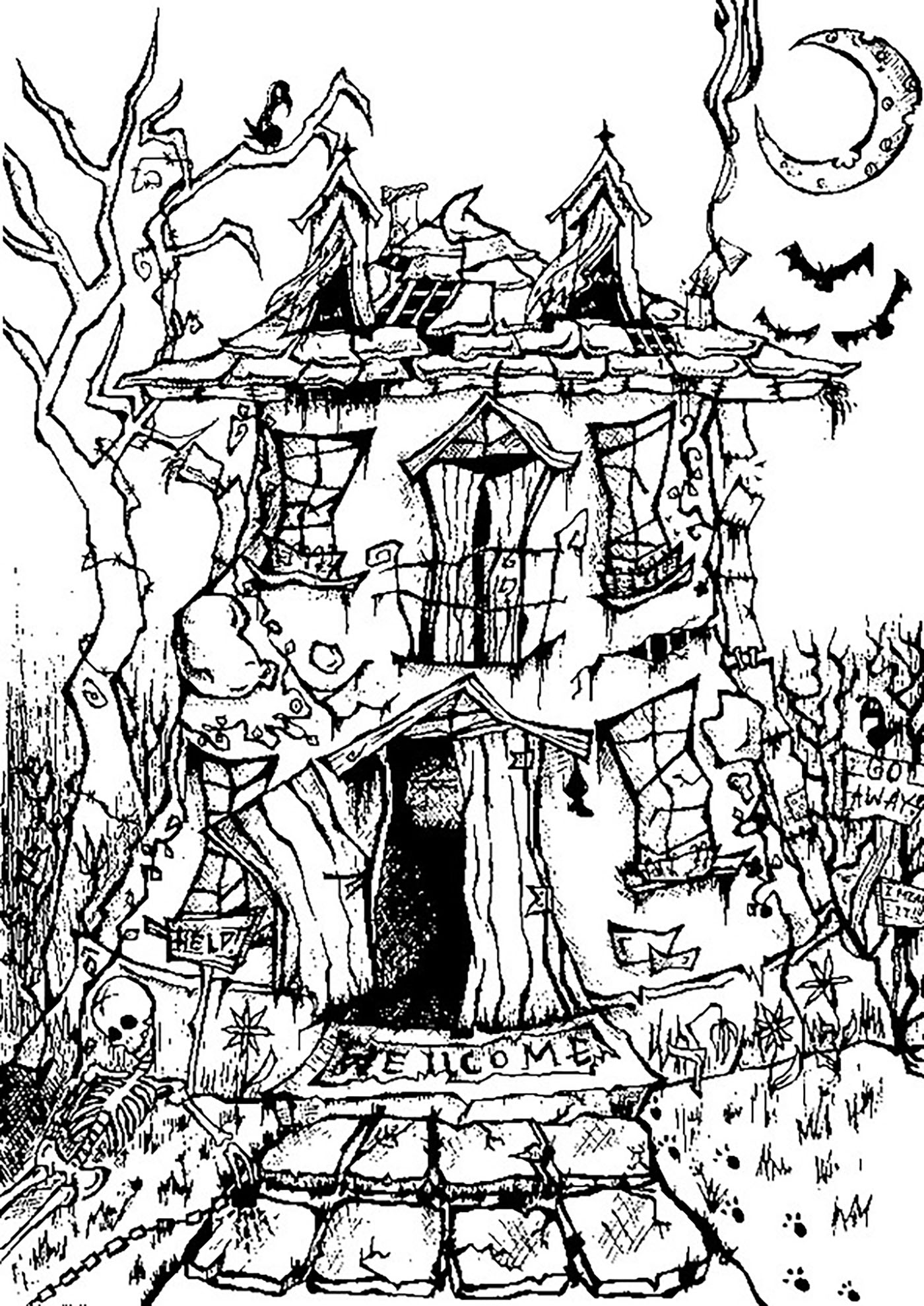 Halloween haunted house - Halloween Adult Coloring Pages