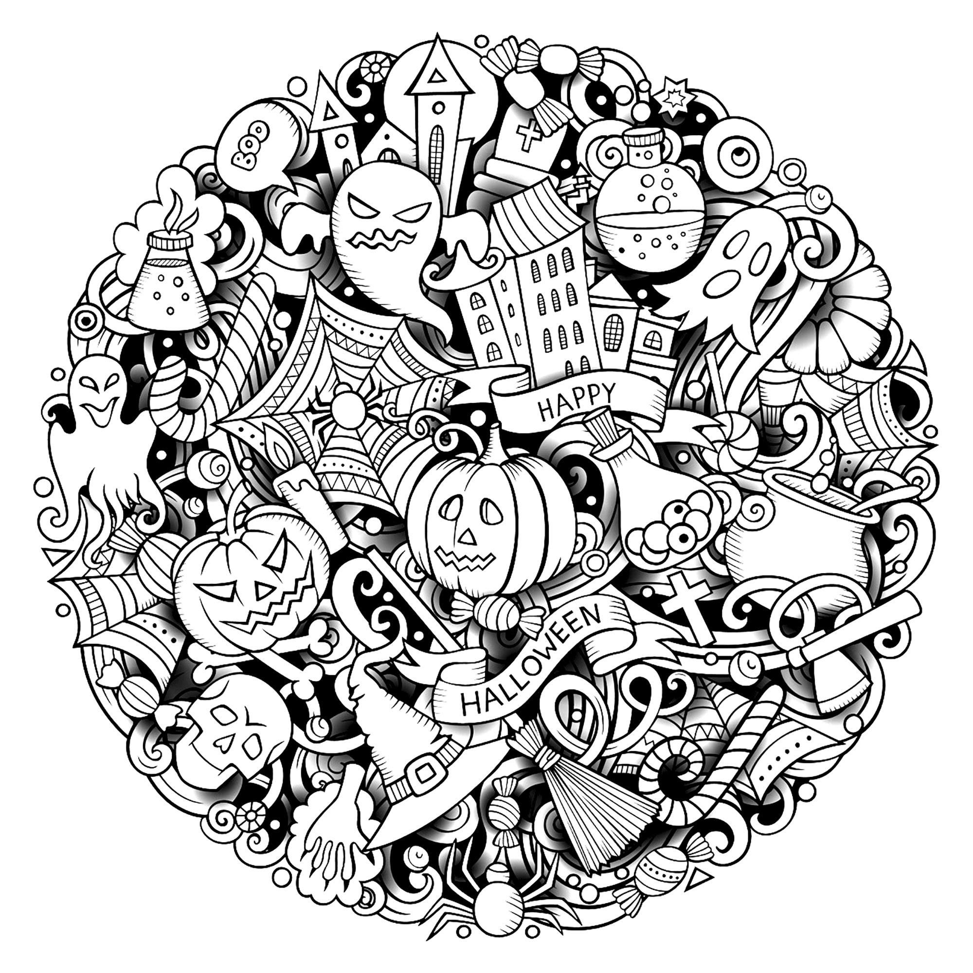 A complex Halloween Doodle. Various Halloween symbols and characters in a circular Doodle (pumpkins, ghosts, skeletons, spiders, etc.), Source : 123rf   Artist : Balabolka