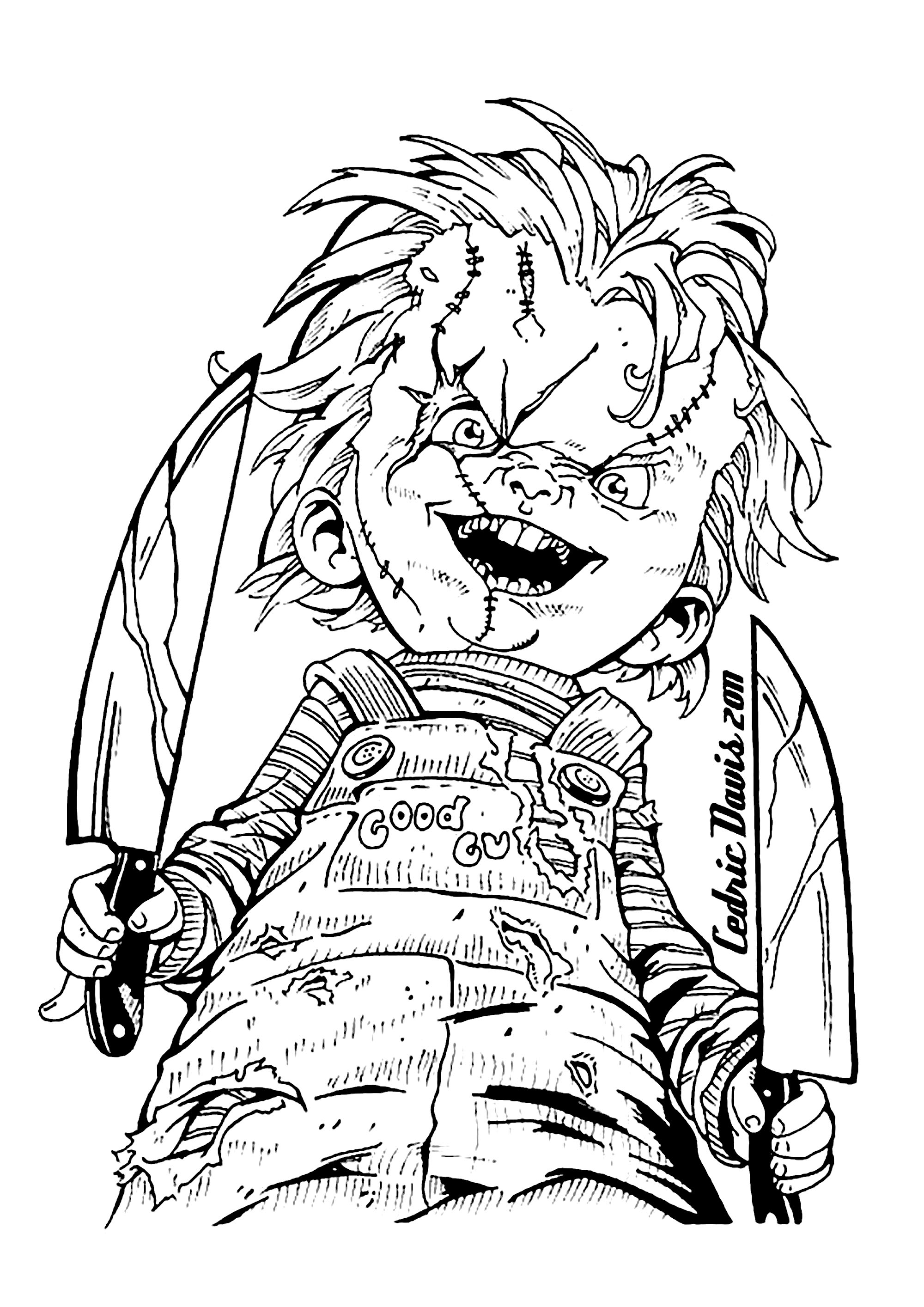 Color this scary Chucky coloring page for Halloween, Artist : Cedric Davis