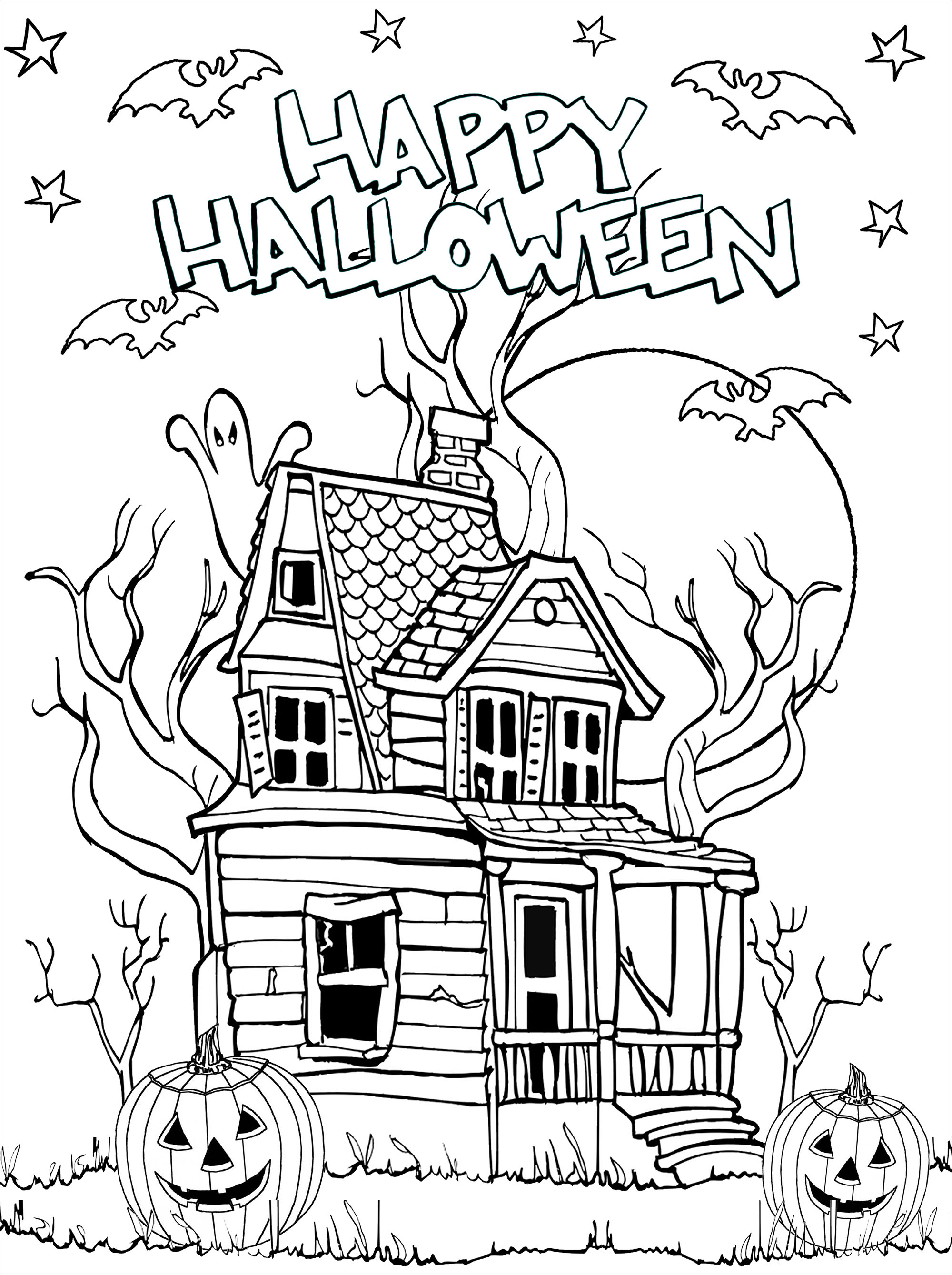 Haunted house coloring pages with pumpkins (Jack-o'-lantern), bats, moon and stars. Spooky details make this haunted house very realistic.Bats fly in the sky, adding to the mystical atmosphere of the house. The moon and stars shine in the night sky, providing an even scarier setting, Artist : Art. Isabelle