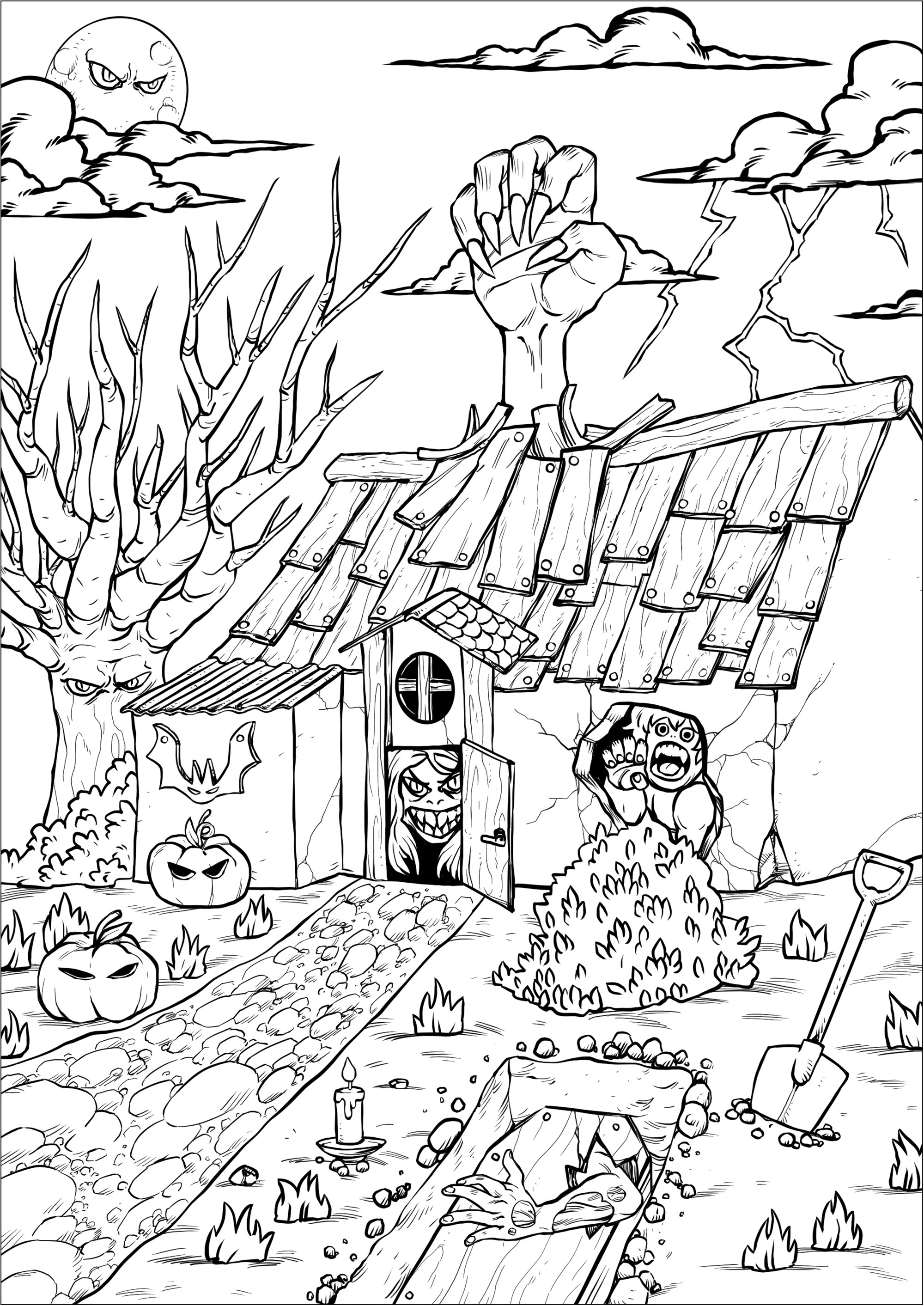 Scary creatures live in this strange haunted house... Will you dare to color them all in?. In this funny haunted house, scary creatures are ready to be colored in a terrifying way, Artist : SPZ artworks