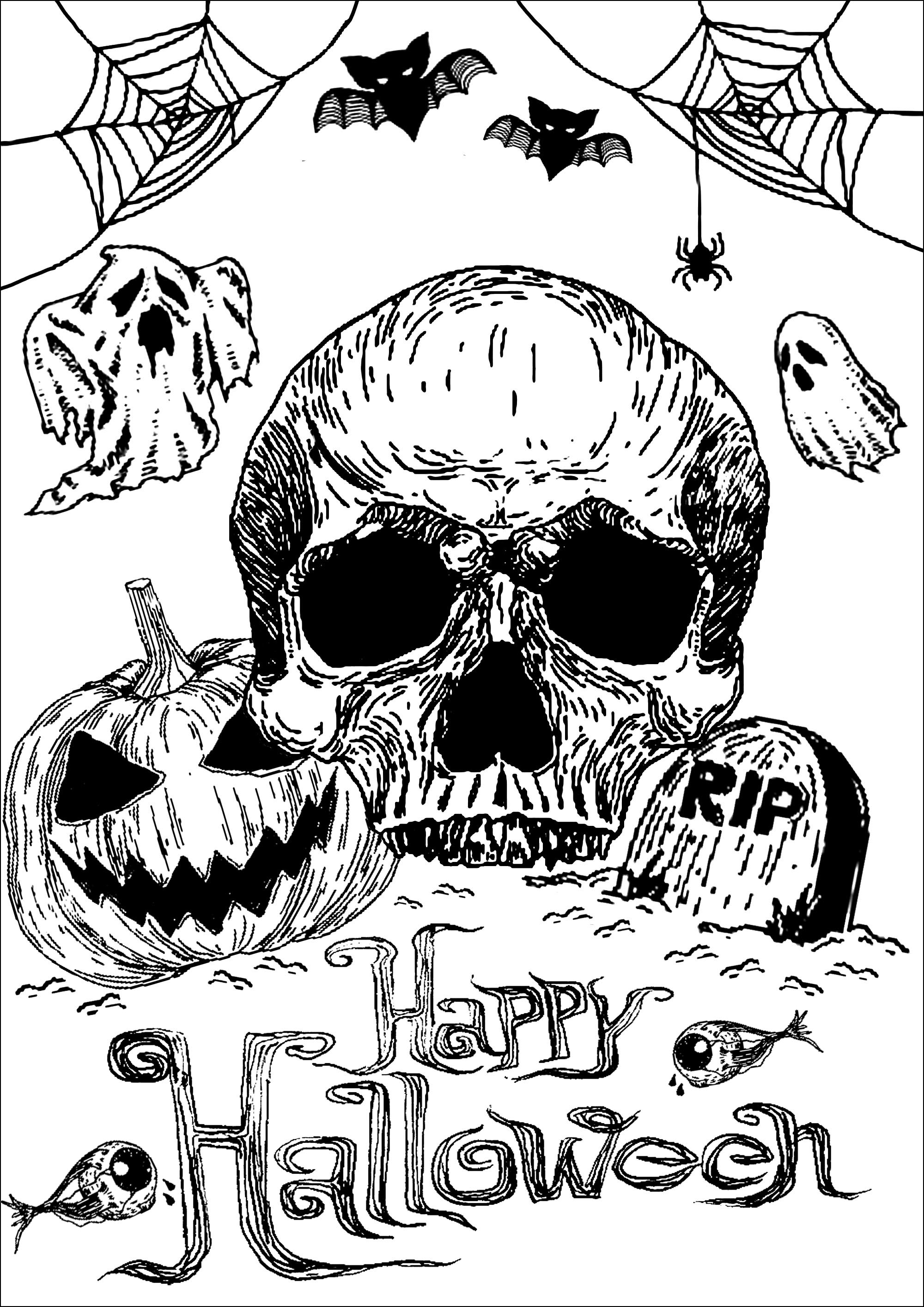 Coloriez pour Halloween ce crâne, cette citrouille et cette tombe ... accompagnée de jolis fantômes, chauves-souris, toiles d'araignées .., Artist : Art. Isabelle