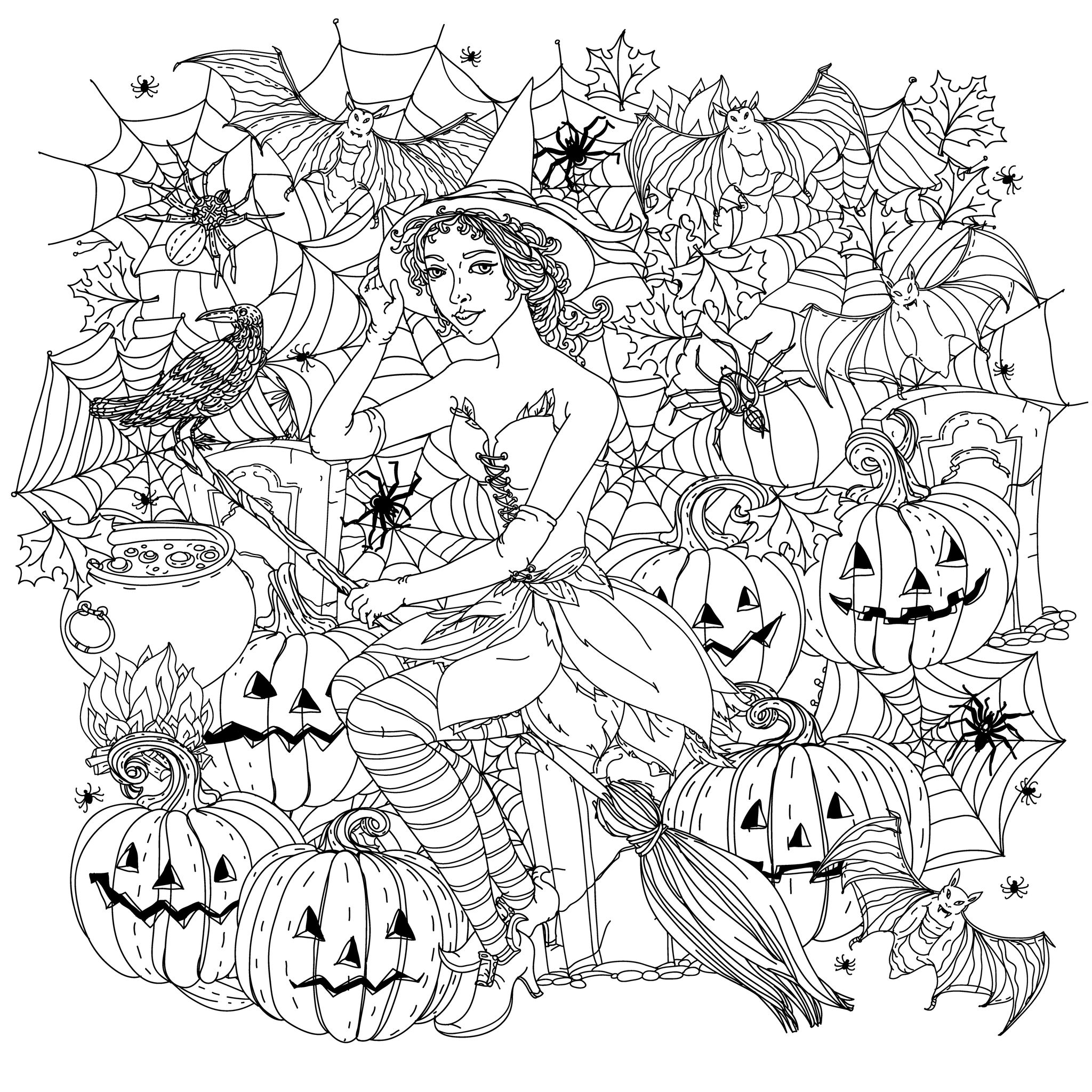 Halloween witch with pumpkins - Halloween Adult Coloring Pages