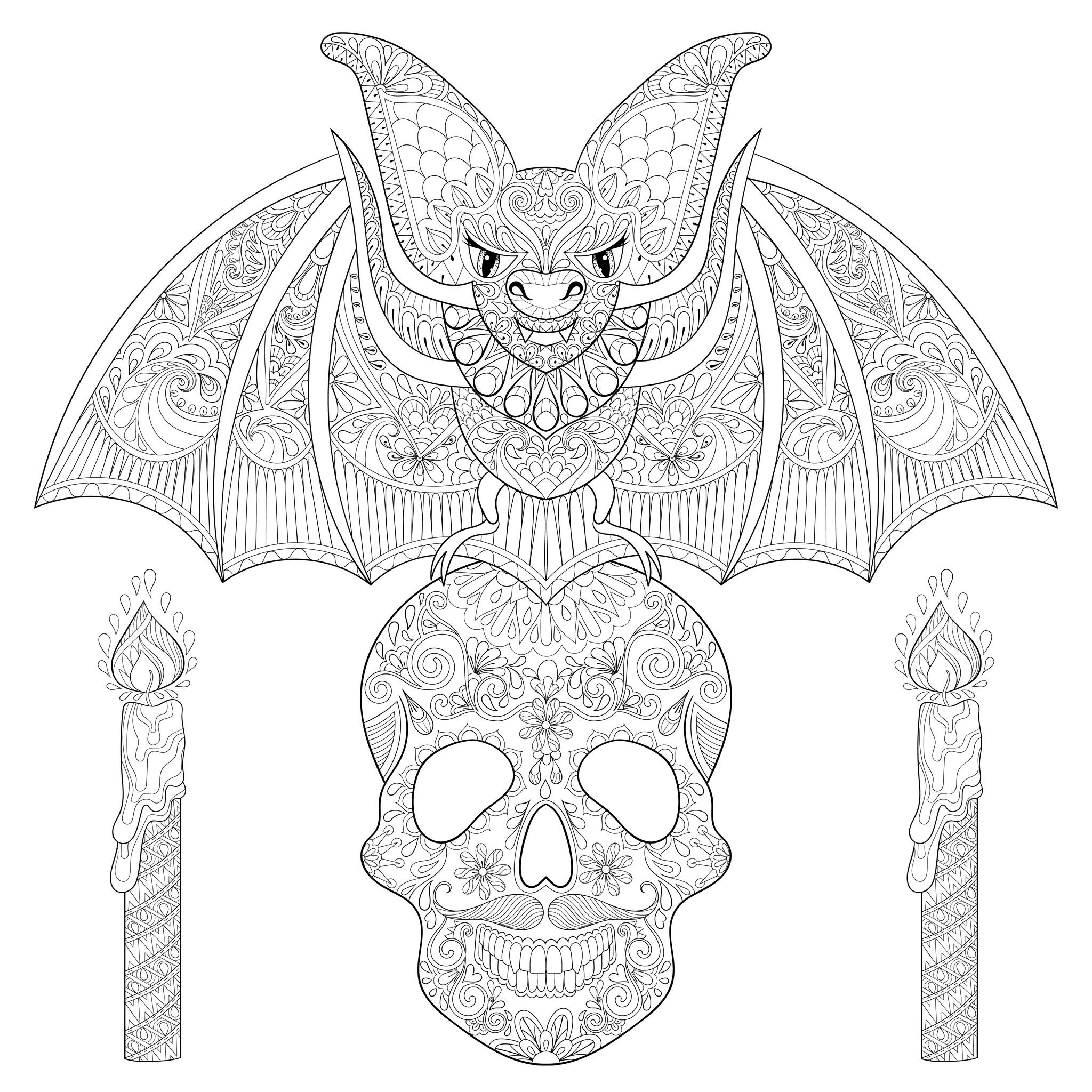 Beautiful bat on a skeleton skull, with candles. Each elements are full of maleficent patterns, Source : 123rf   Artist : Ipanki